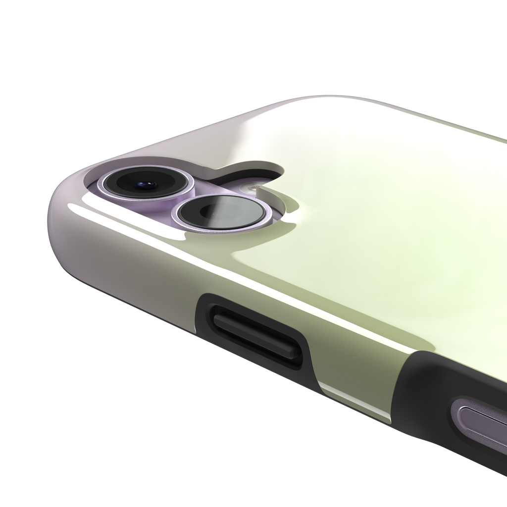 Matcha, soft green gradient glow fading into pale cream, dreamy aura effect, tough case, volume buttons detail, phone case by Caselier