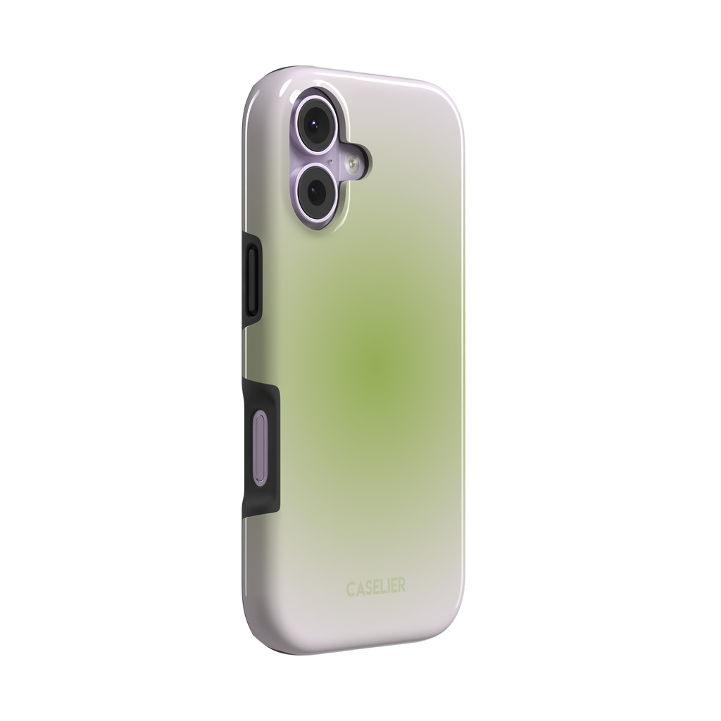 Matcha, soft green gradient glow fading into pale cream, dreamy aura effect, tough case, left view, phone case by Caselier
