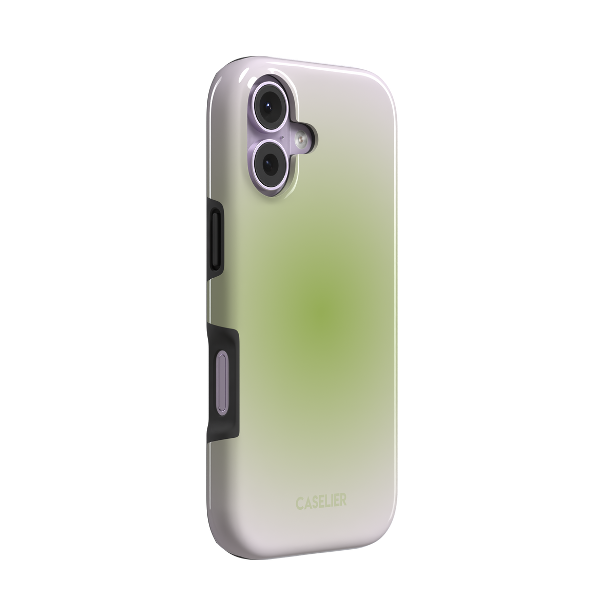 Matcha, soft green gradient glow fading into pale cream, dreamy aura effect, tough case, left view, phone case by Caselier