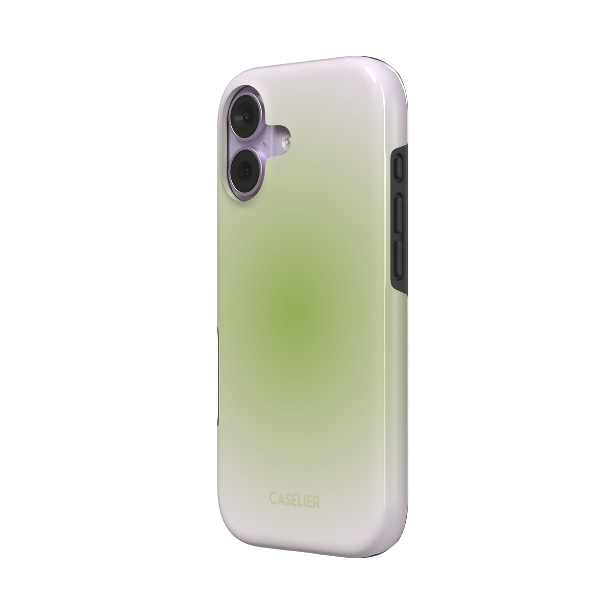 Matcha, soft green gradient glow fading into pale cream, dreamy aura effect, tough case, right view, phone case by Caselier