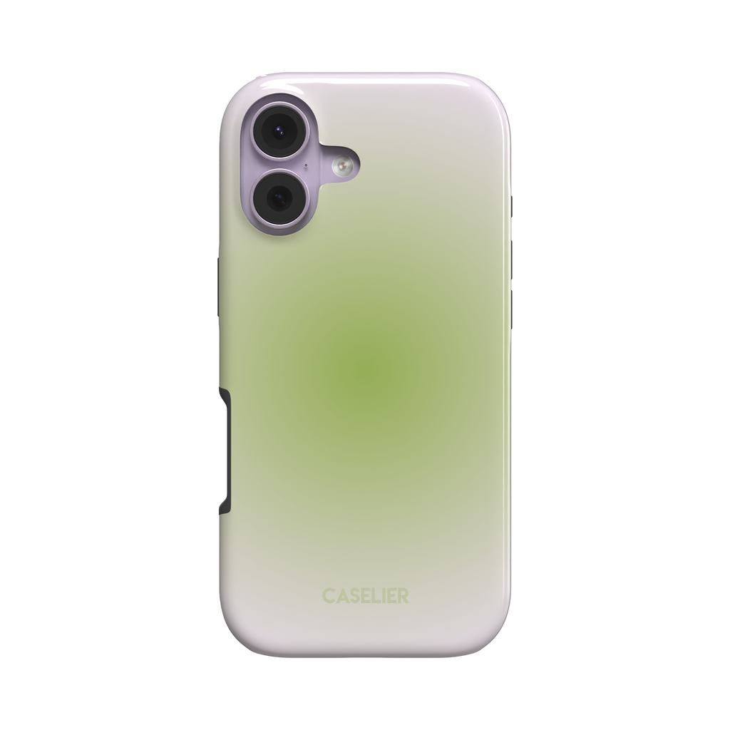 Matcha phone case showing the white-to-sage green aura gradient from a slight side angle, revealing the slim profile and Caselier branding at the base, phone case by Caselier