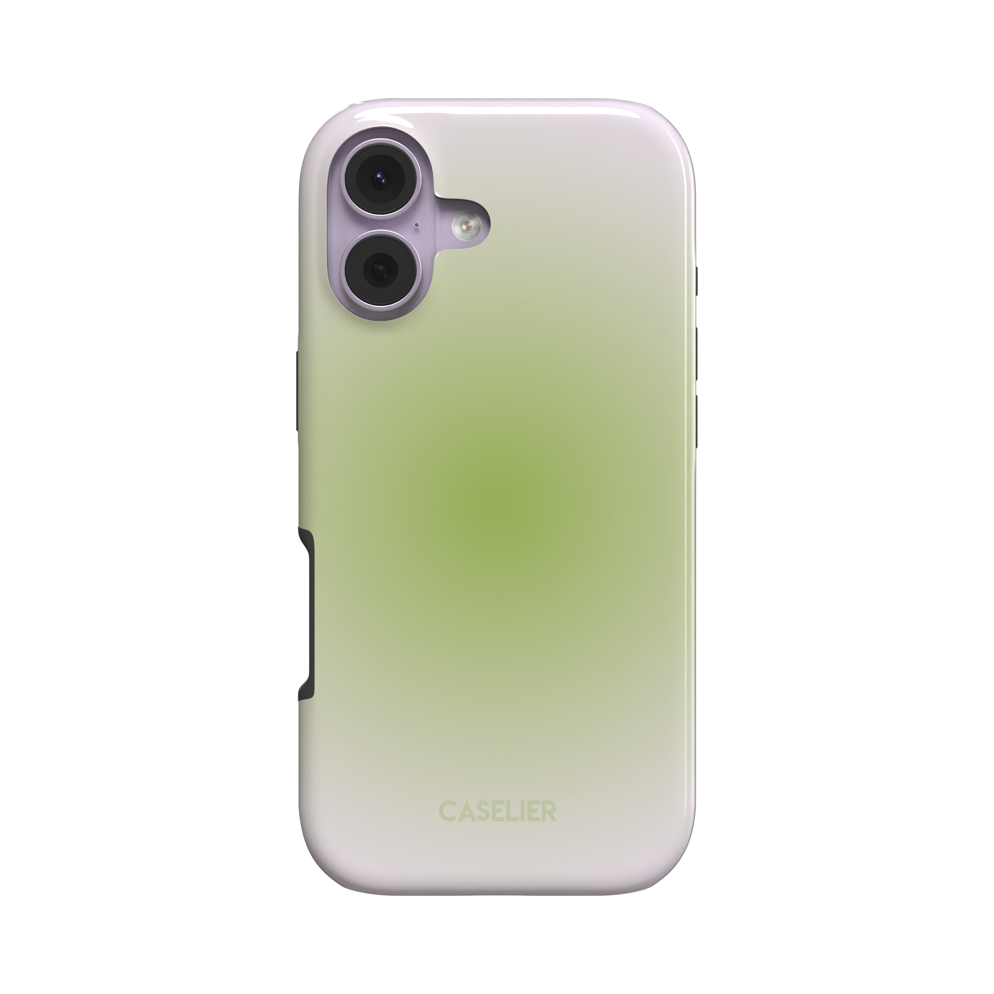Matcha phone case showing the white-to-sage green aura gradient from a slight side angle, revealing the slim profile and Caselier branding at the base, phone case by Caselier