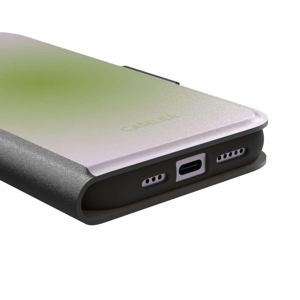 Matcha, soft green gradient glow fading into pale cream, dreamy aura effect, wallet case, charging port detail, phone case by Caselier
