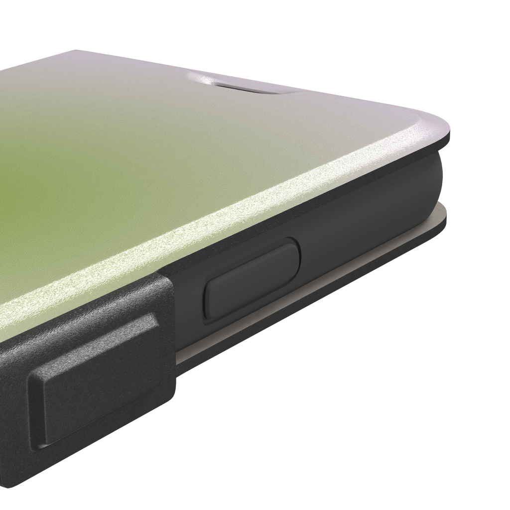 Matcha, soft green gradient glow fading into pale cream, dreamy aura effect, wallet case, volume buttons detail, phone case by Caselier
