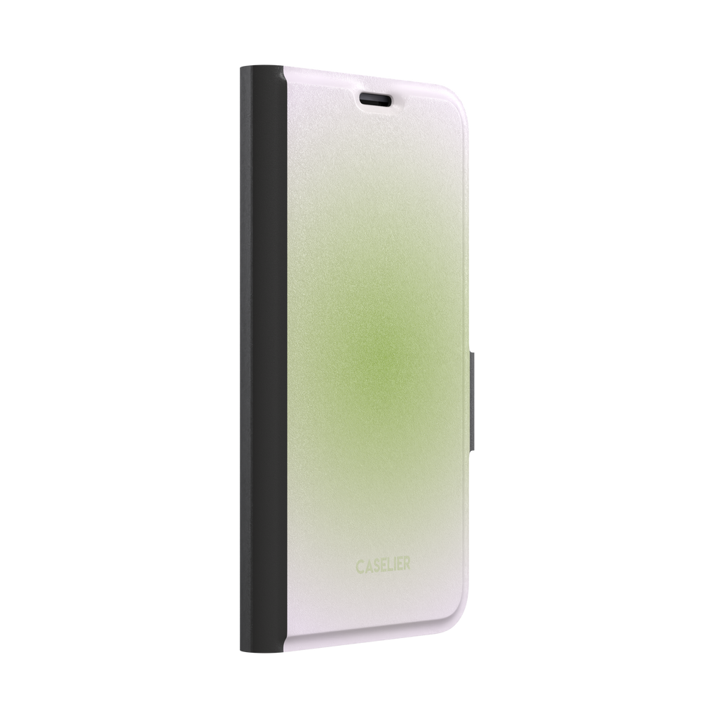 Matcha, soft green gradient glow fading into pale cream, dreamy aura effect, wallet case, left view, phone case by Caselier
