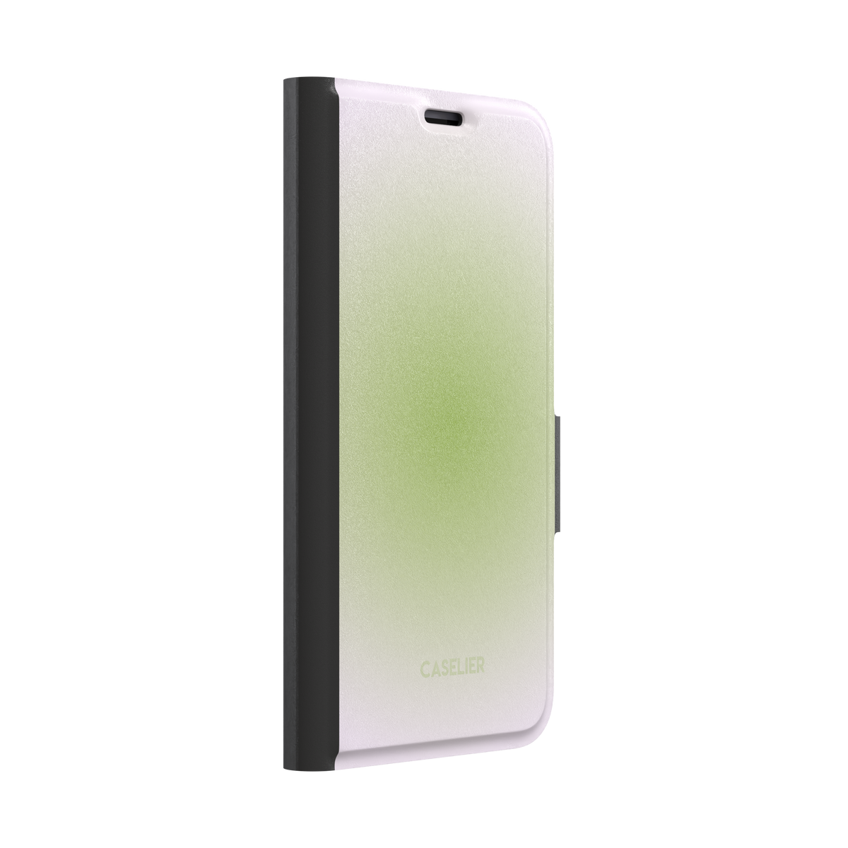 Matcha, soft green gradient glow fading into pale cream, dreamy aura effect, wallet case, left view, phone case by Caselier
