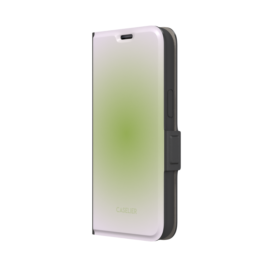 Matcha, soft green gradient glow fading into pale cream, dreamy aura effect, wallet case, right view, phone case by Caselier