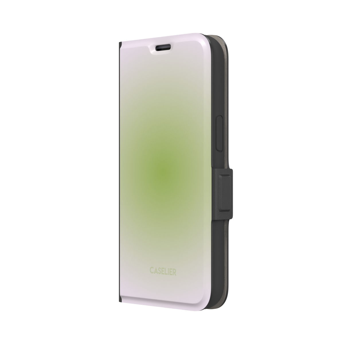 Matcha, soft green gradient glow fading into pale cream, dreamy aura effect, wallet case, right view, phone case by Caselier