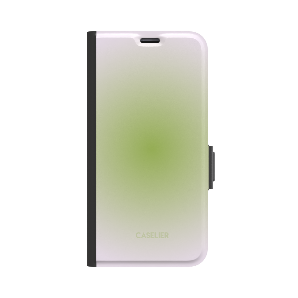 Matcha folio wallet case variant displaying the same white-to-sage green radial gradient on the front cover, with black spine and magnetic clasp, front view on white background, phone case by Caselier