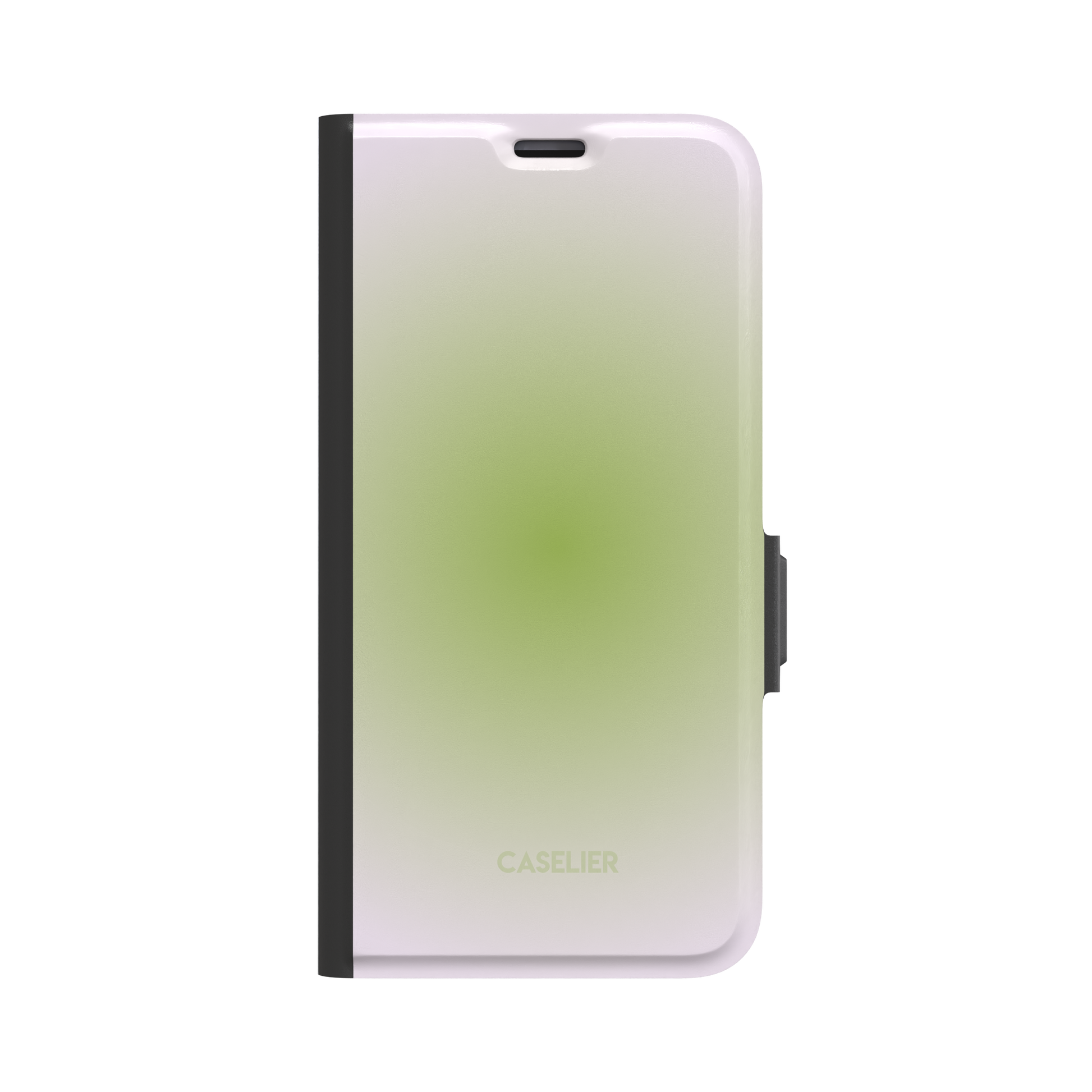 Matcha folio wallet case variant displaying the same white-to-sage green radial gradient on the front cover, with black spine and magnetic clasp, front view on white background, phone case by Caselier