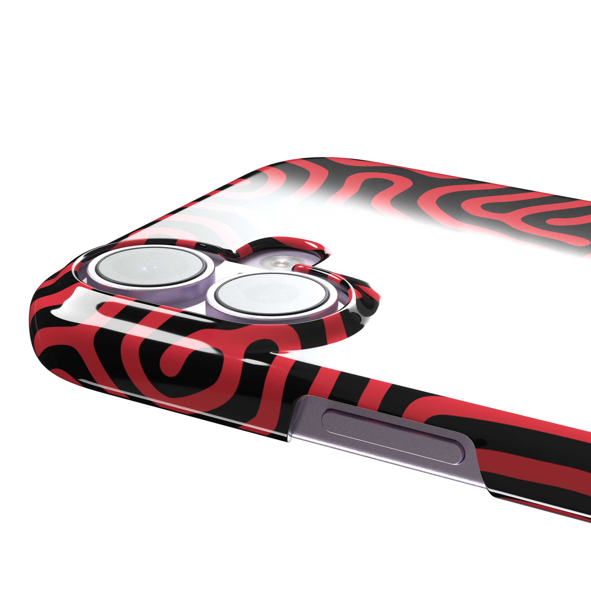Maze phone case in red and black with dense swirling maze-like line pattern covering the full case, phone case by Caselier — snap case, volume buttons detail