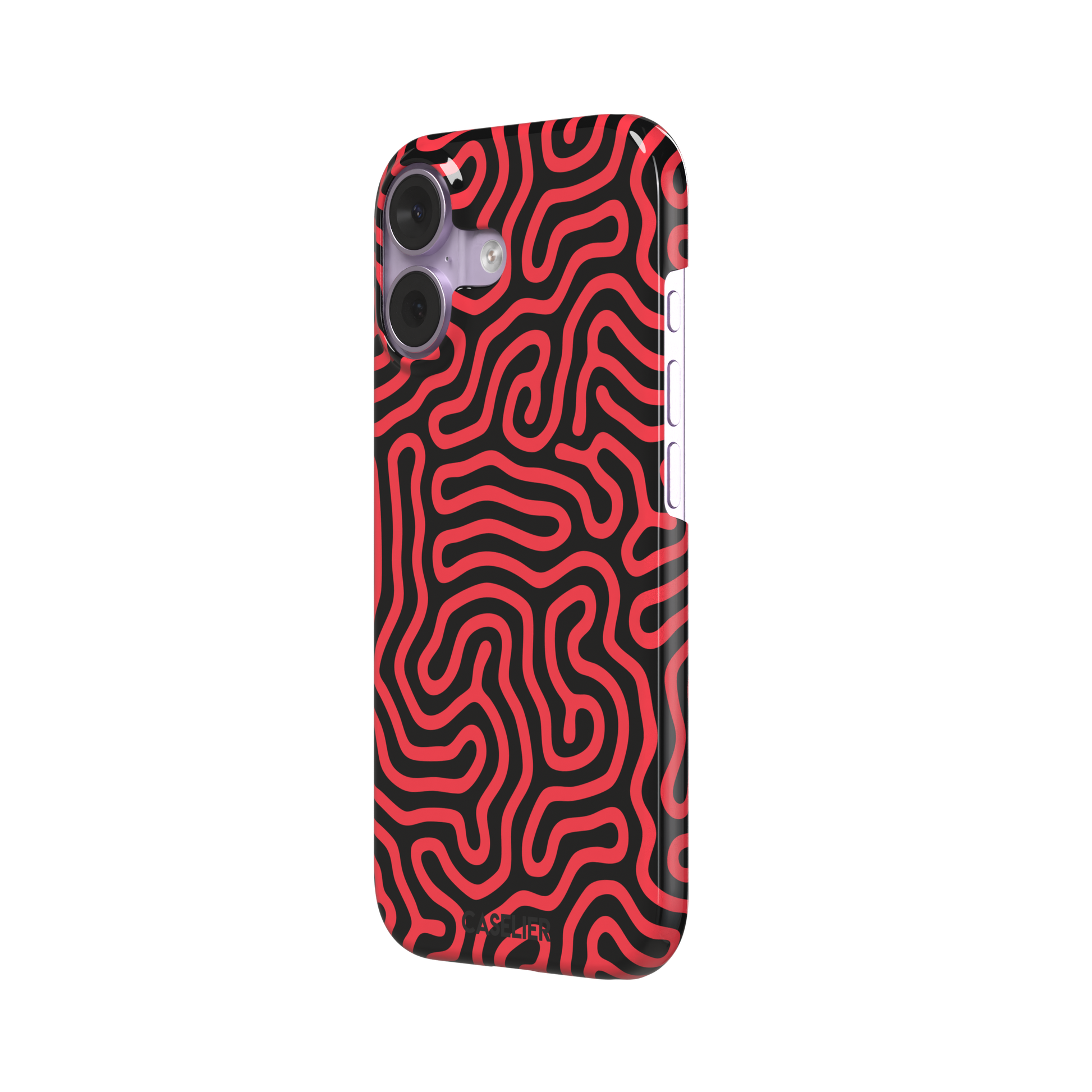 Maze phone case in red and black with dense swirling maze-like line pattern covering the full case, phone case by Caselier — snap case, right view