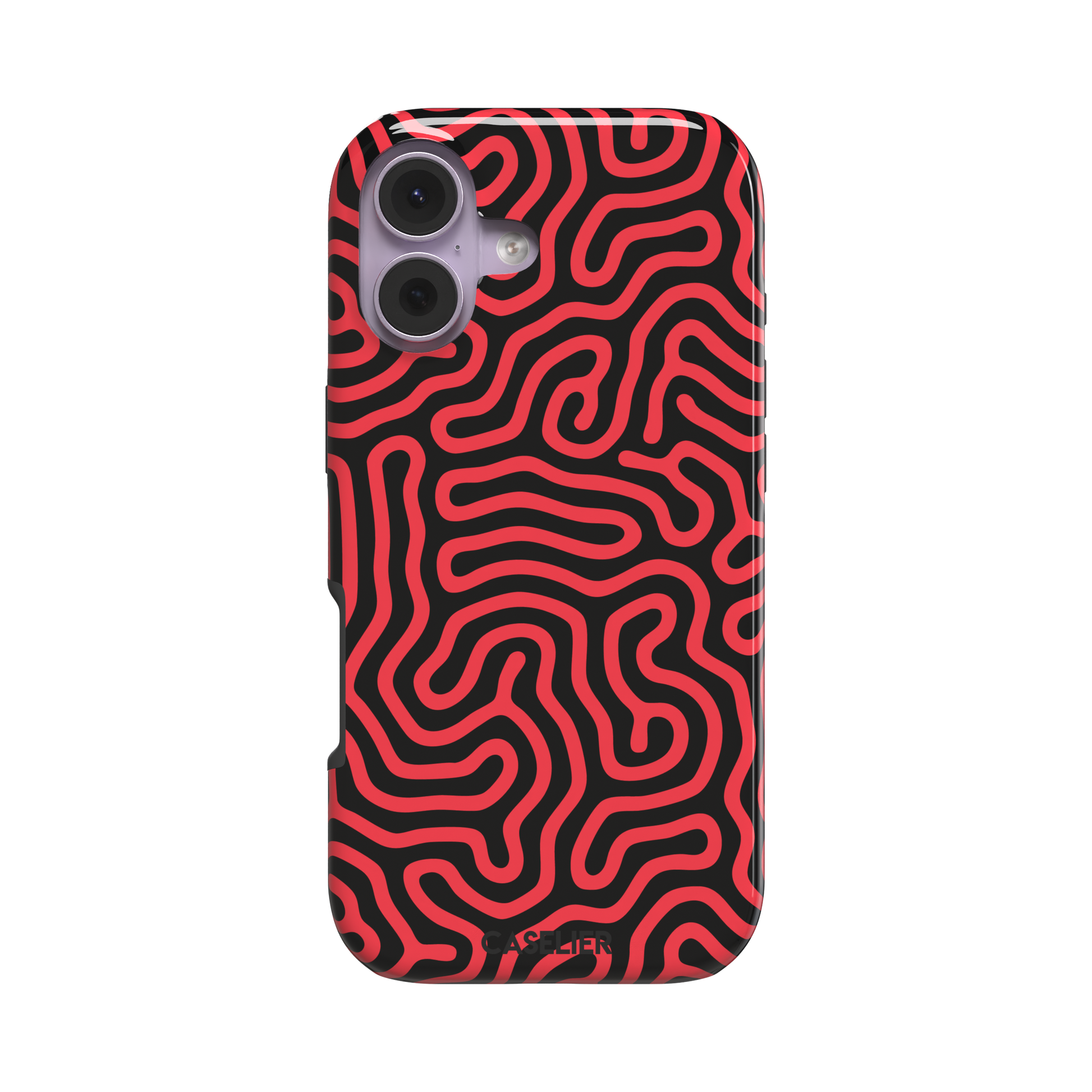 Maze phone case in red and black with dense swirling maze-like line pattern covering the full case, phone case by Caselier — tough case, front view