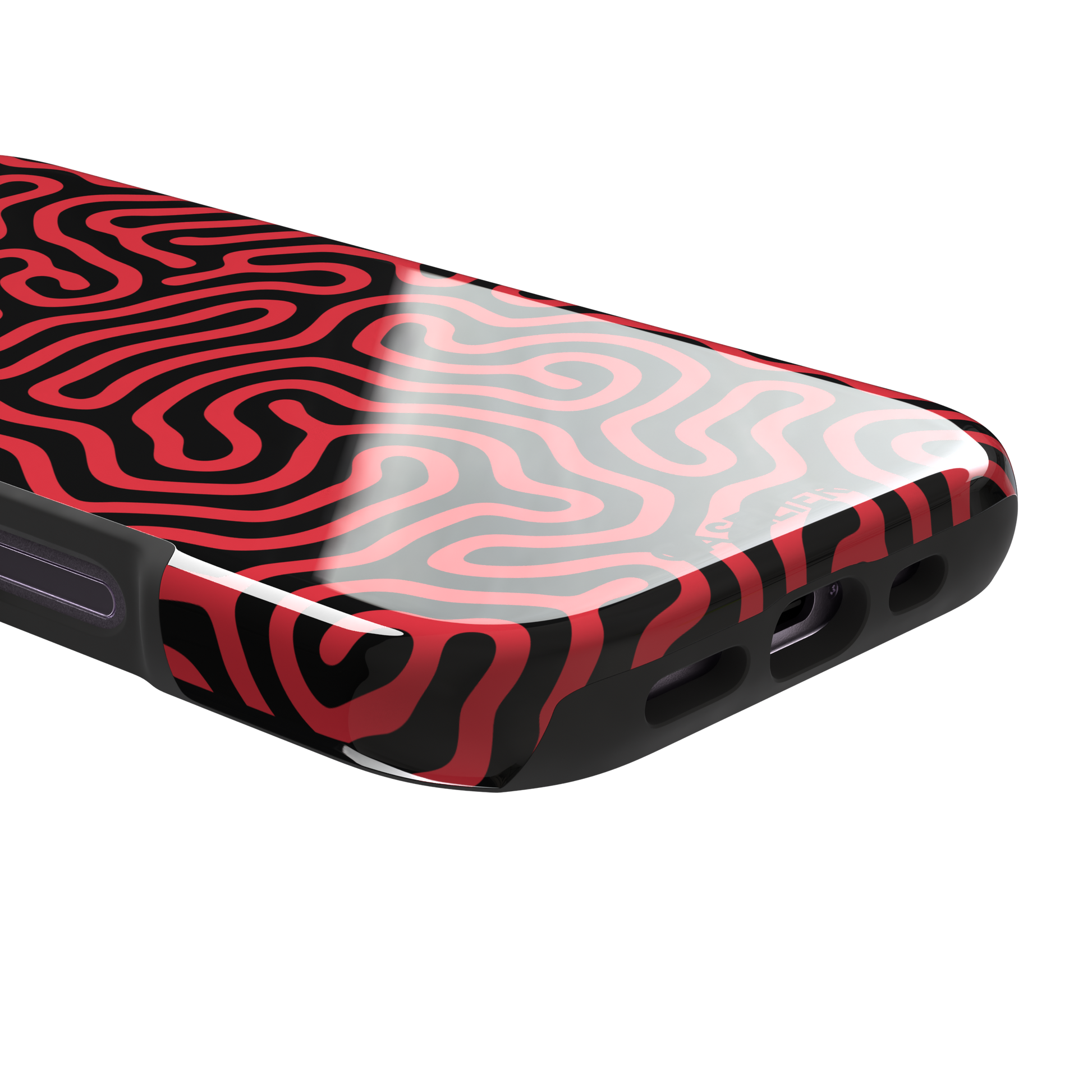 Maze phone case in red and black with dense swirling maze-like line pattern covering the full case, phone case by Caselier — tough case, charging port detail