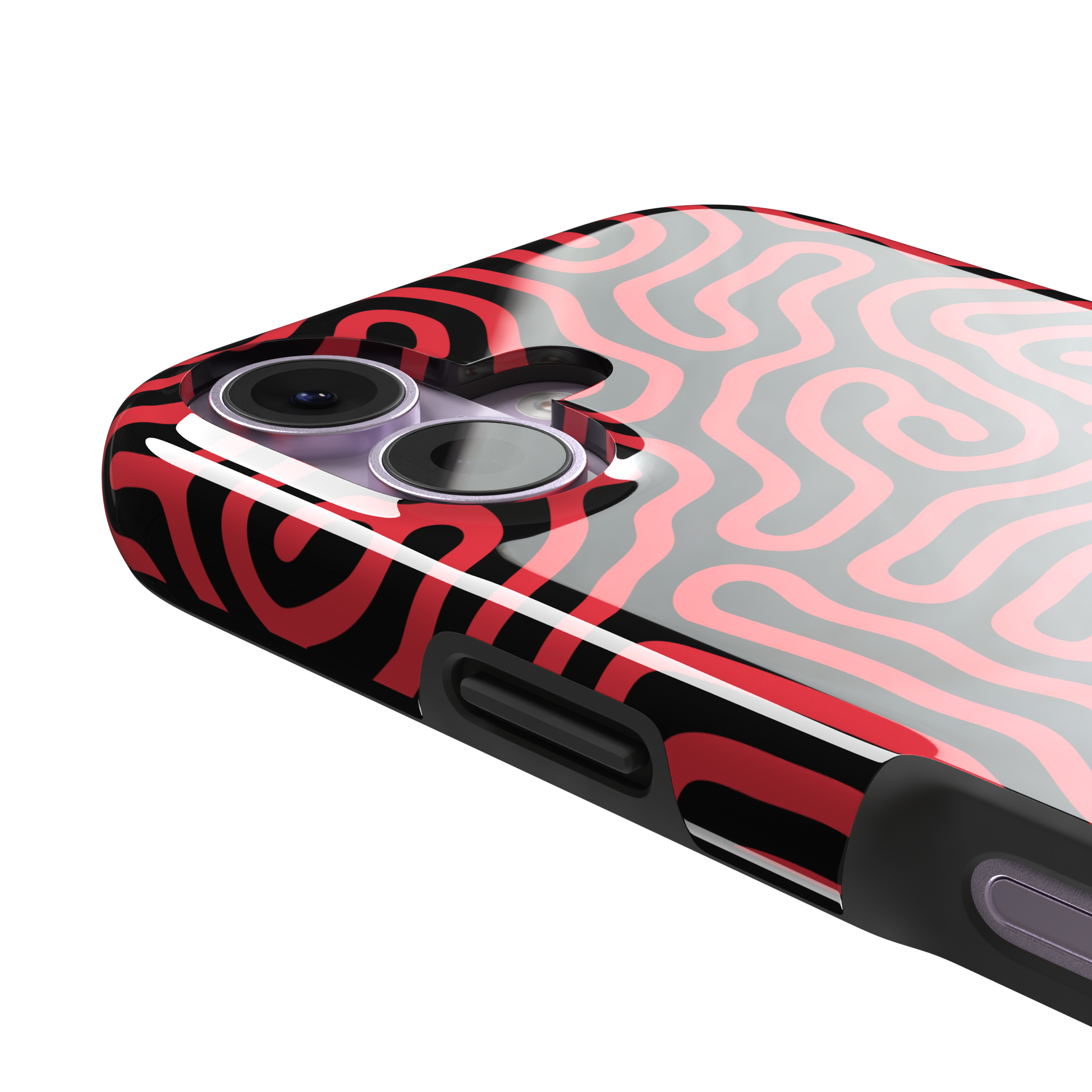 Maze phone case in red and black with dense swirling maze-like line pattern covering the full case, phone case by Caselier — tough case, volume buttons detail