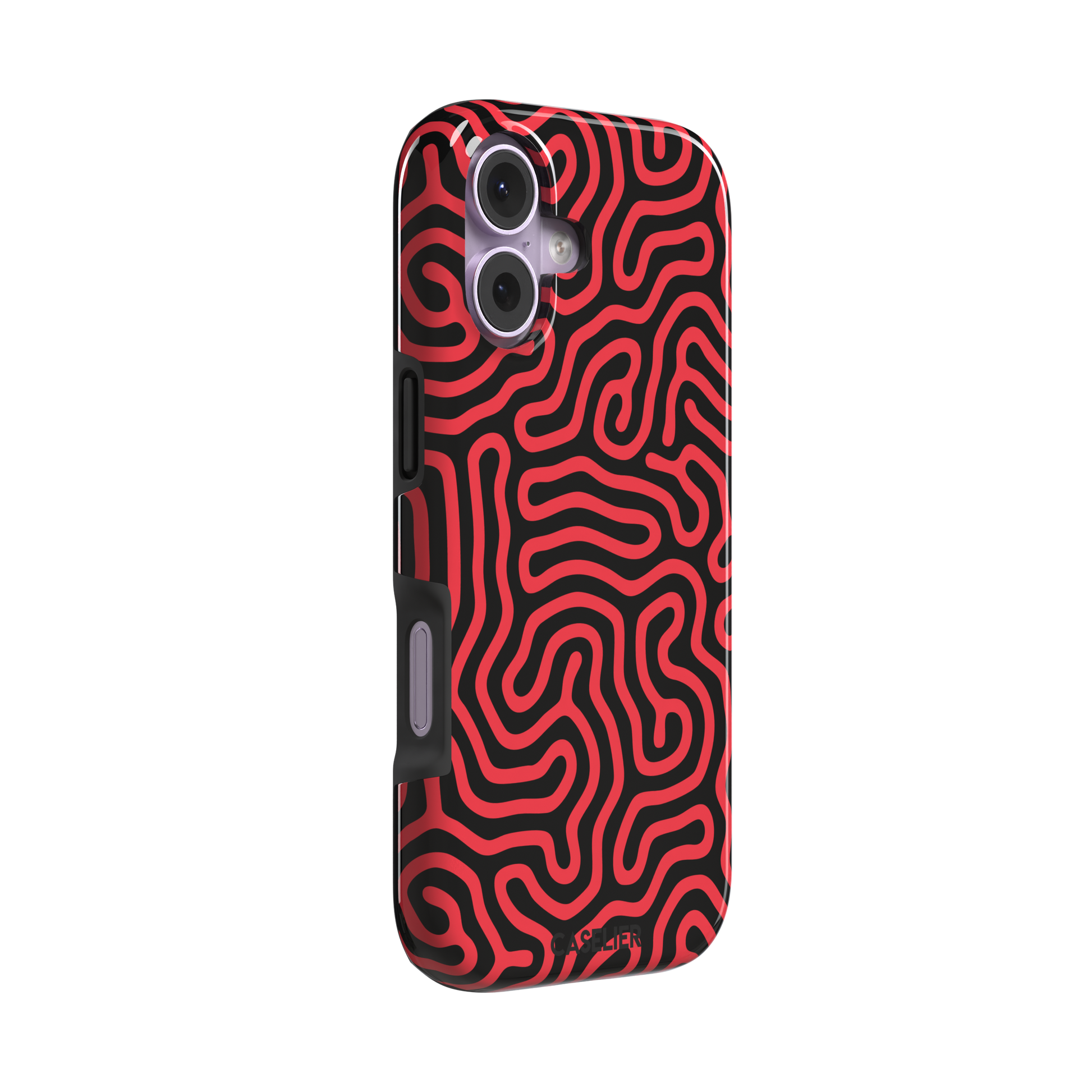Maze phone case in red and black with dense swirling maze-like line pattern covering the full case, phone case by Caselier — tough case, left view