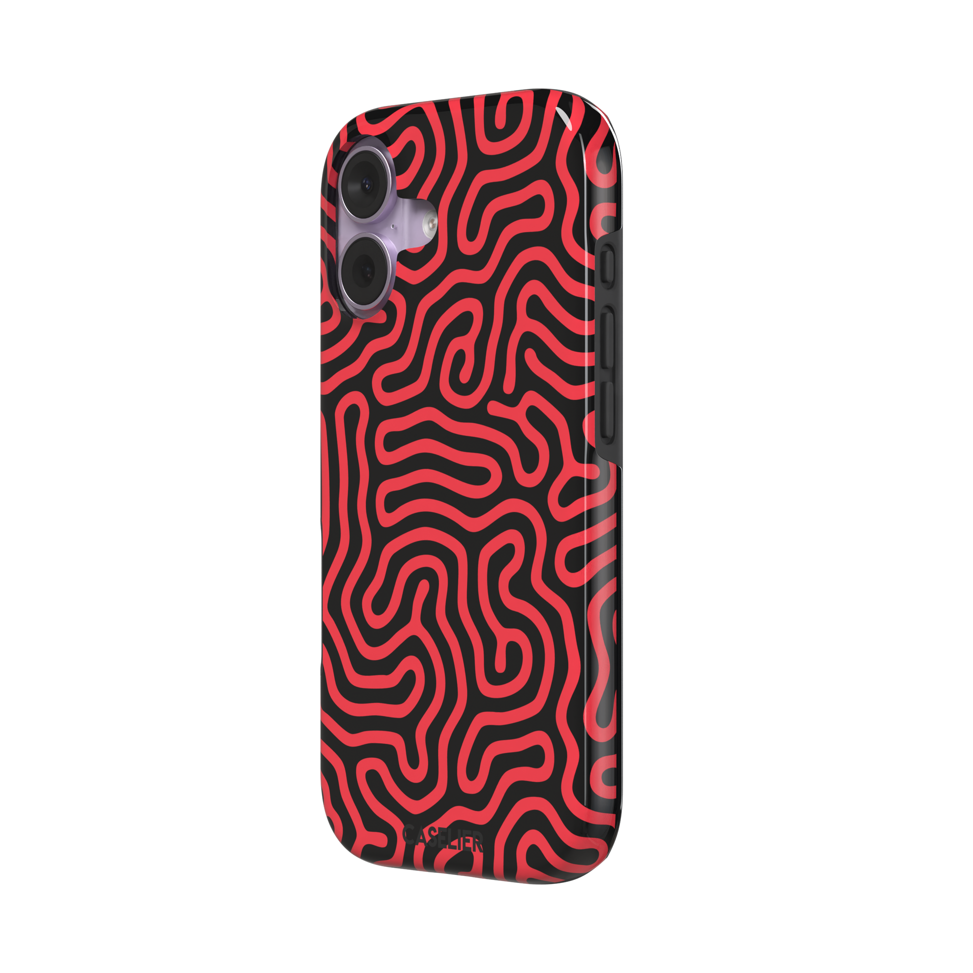 Maze phone case in red and black with dense swirling maze-like line pattern covering the full case, phone case by Caselier — tough case, right view