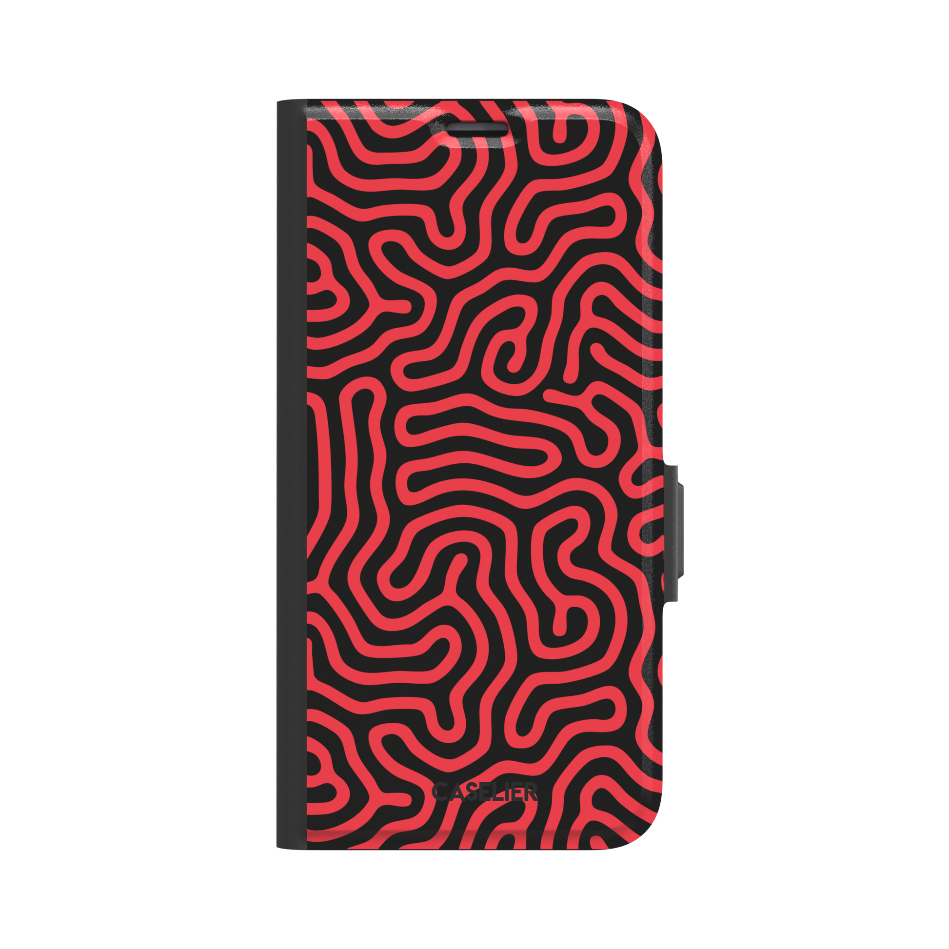 Maze phone case in red and black with dense swirling maze-like line pattern covering the full case, phone case by Caselier — wallet case, front view
