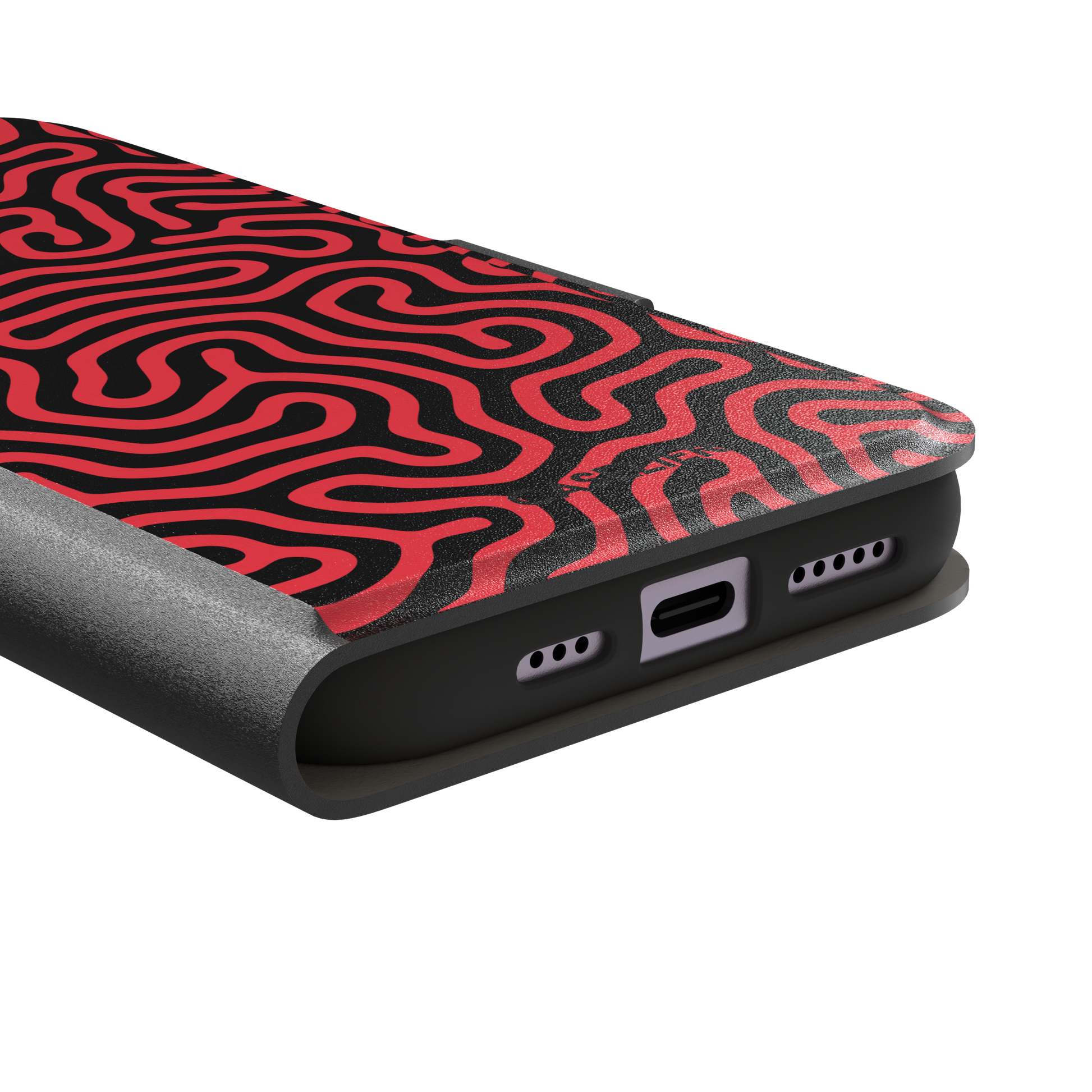 Maze phone case in red and black with dense swirling maze-like line pattern covering the full case, phone case by Caselier — wallet case, charging port detail