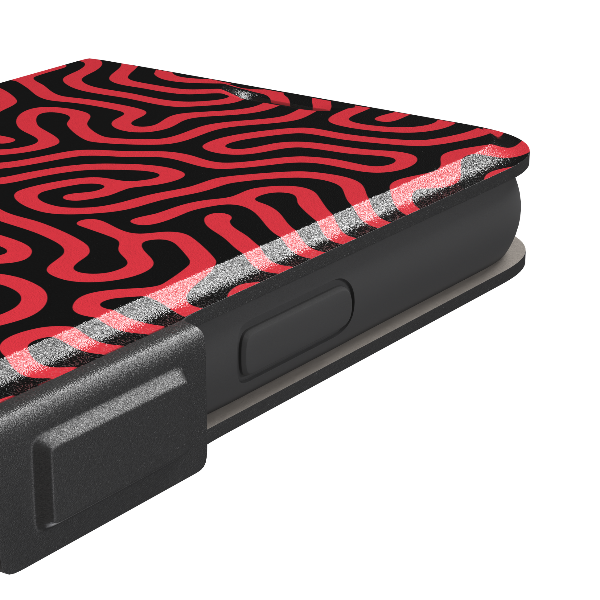 Maze phone case in red and black with dense swirling maze-like line pattern covering the full case, phone case by Caselier — wallet case, volume buttons detail