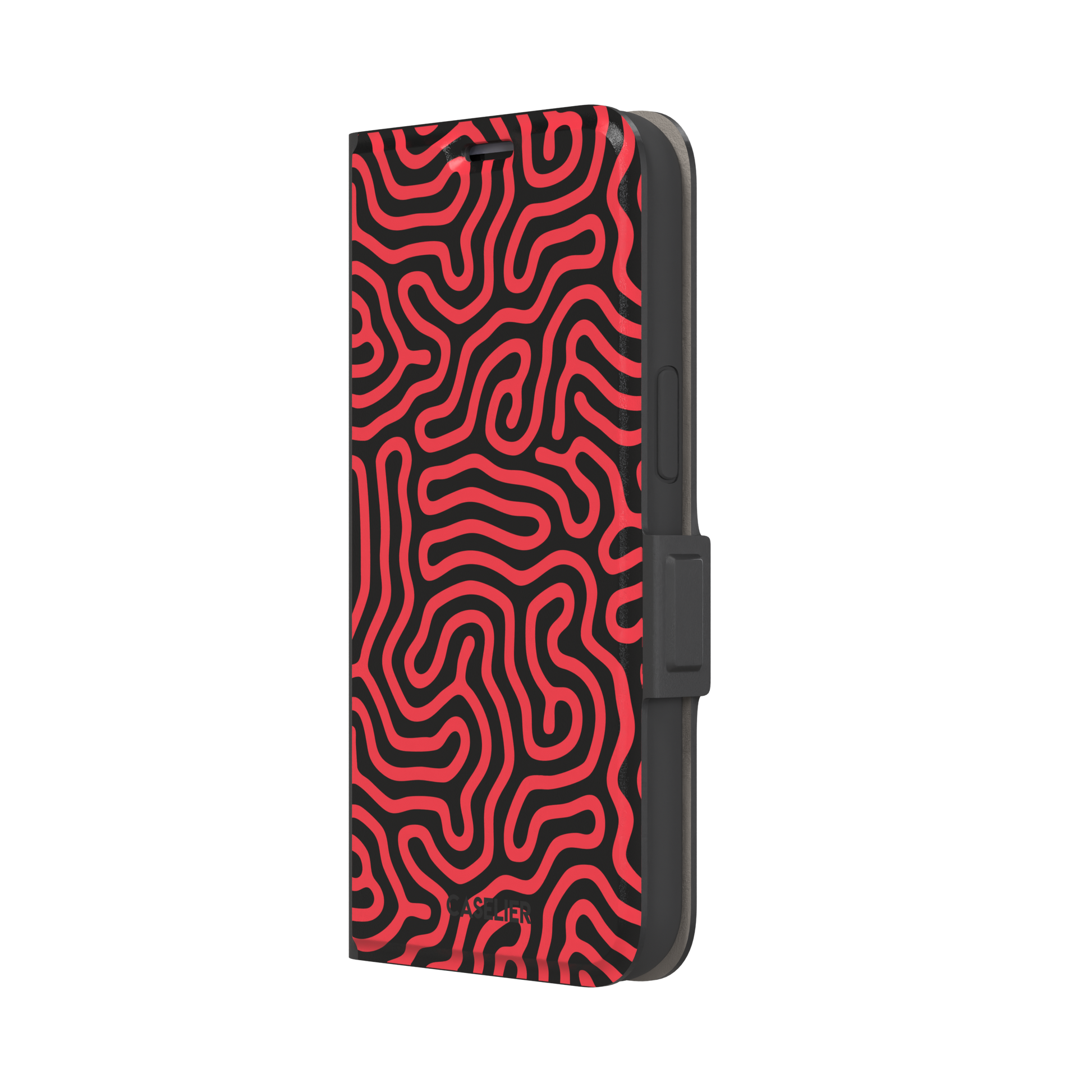 Maze phone case in red and black with dense swirling maze-like line pattern covering the full case, phone case by Caselier — wallet case, right view