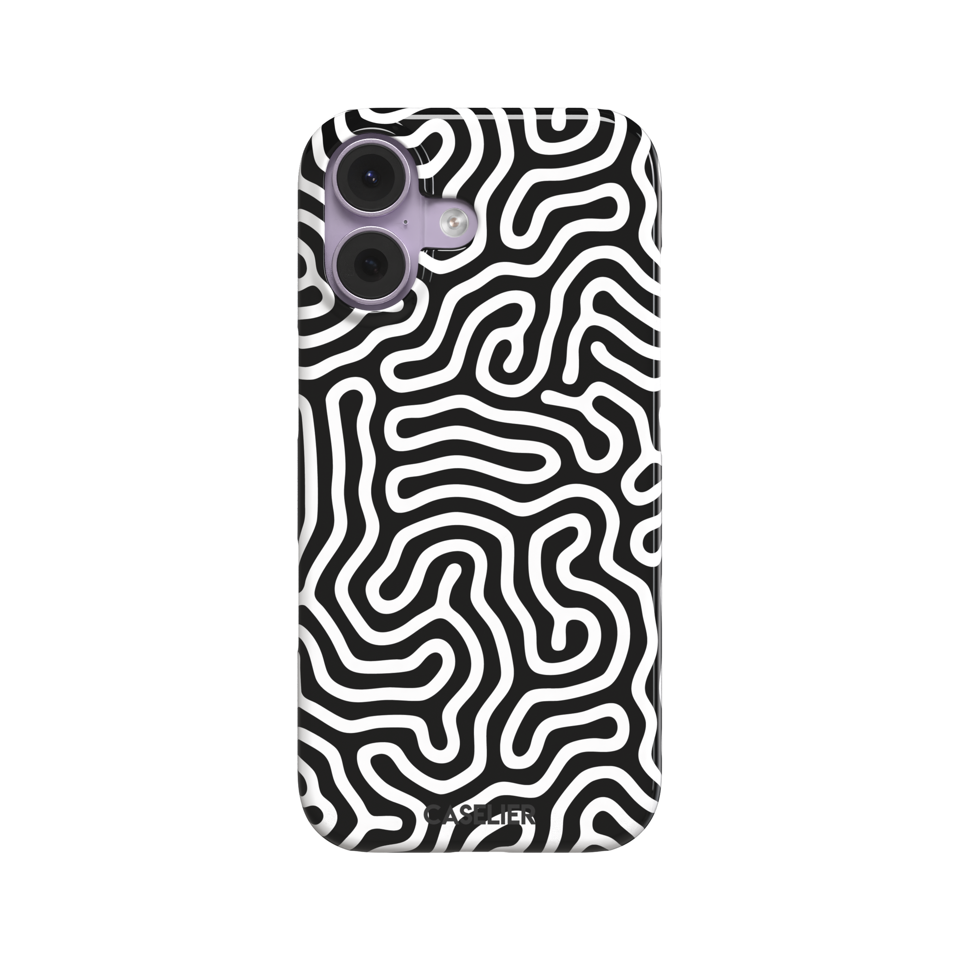 Maze phone case variant in black and white with bold high-contrast curling maze lines across the entire case, phone case by Caselier — snap case, front view