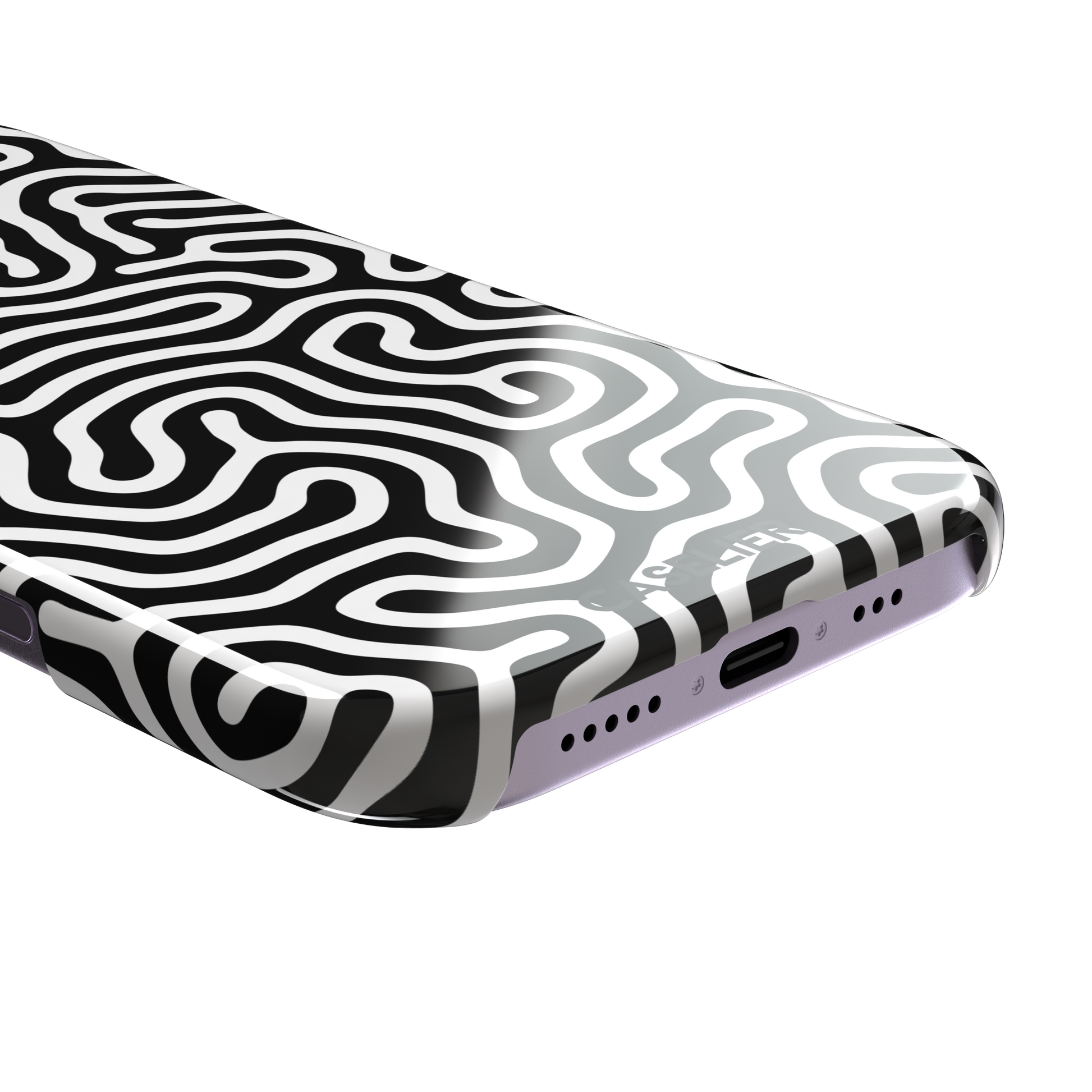 Maze phone case variant in black and white with bold high-contrast curling maze lines across the entire case, phone case by Caselier — snap case, charging port detail