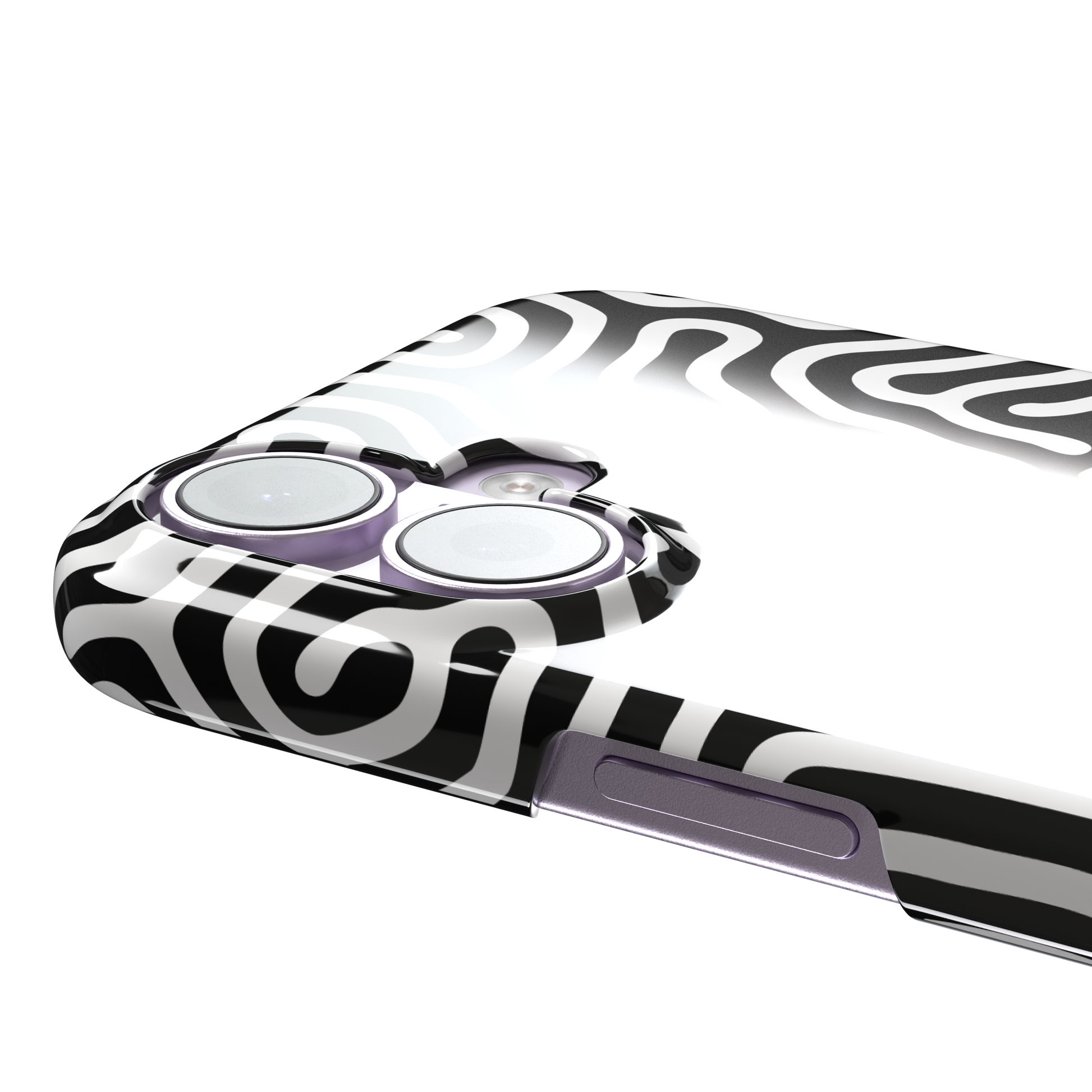 Maze phone case variant in black and white with bold high-contrast curling maze lines across the entire case, phone case by Caselier — snap case, volume buttons detail
