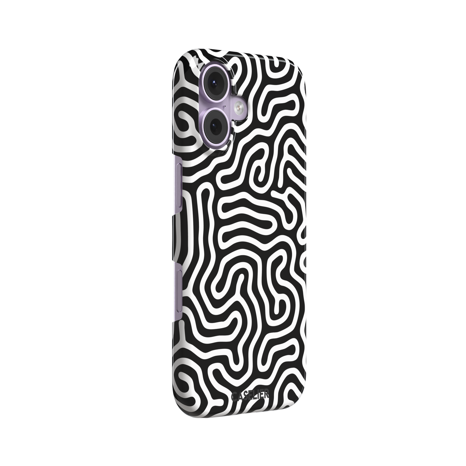 Maze phone case variant in black and white with bold high-contrast curling maze lines across the entire case, phone case by Caselier — snap case, left view