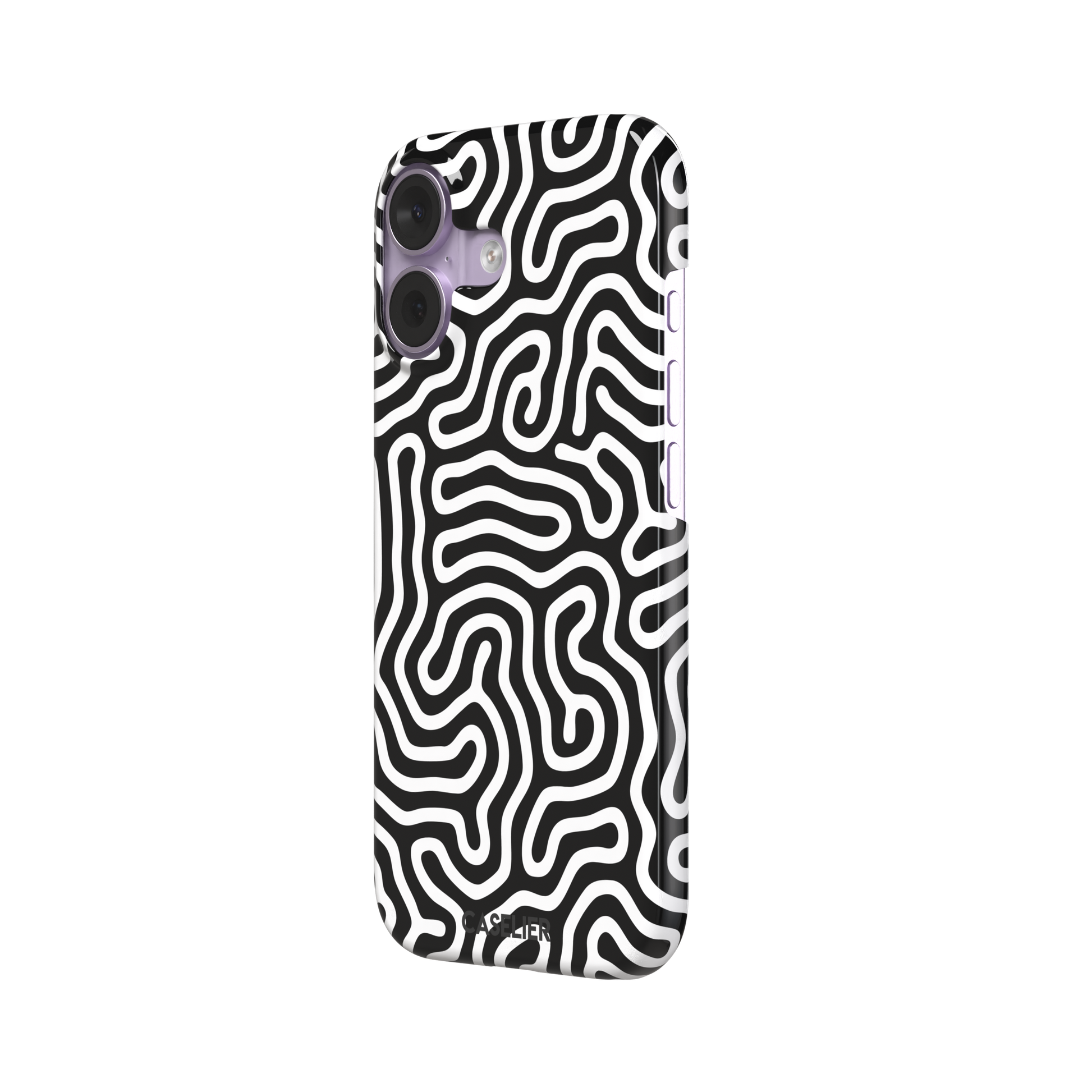 Maze phone case variant in black and white with bold high-contrast curling maze lines across the entire case, phone case by Caselier — snap case, right view