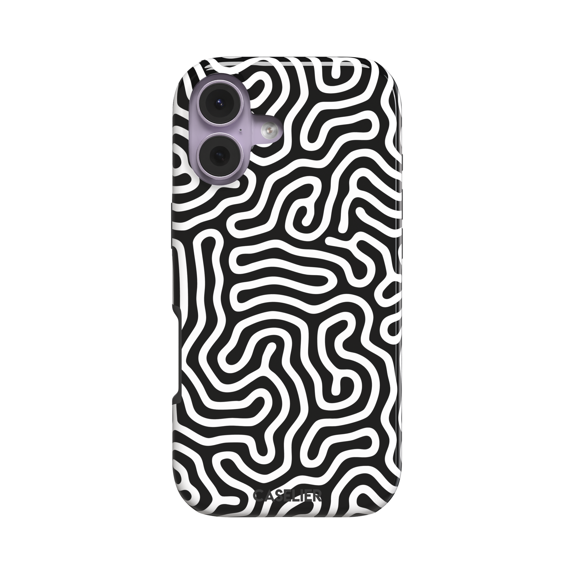 Maze phone case variant in black and white with bold high-contrast curling maze lines across the entire case, phone case by Caselier — tough case, front view
