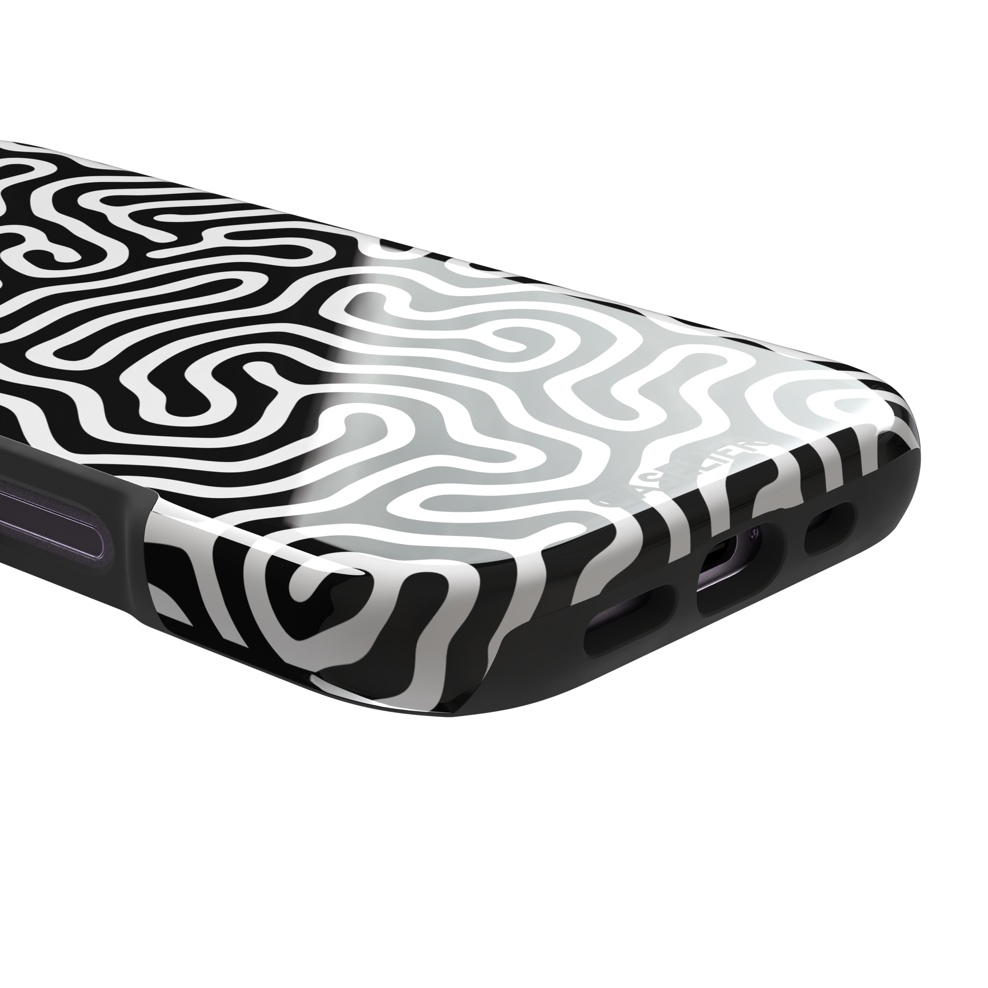 Maze phone case variant in black and white with bold high-contrast curling maze lines across the entire case, phone case by Caselier — tough case, charging port detail
