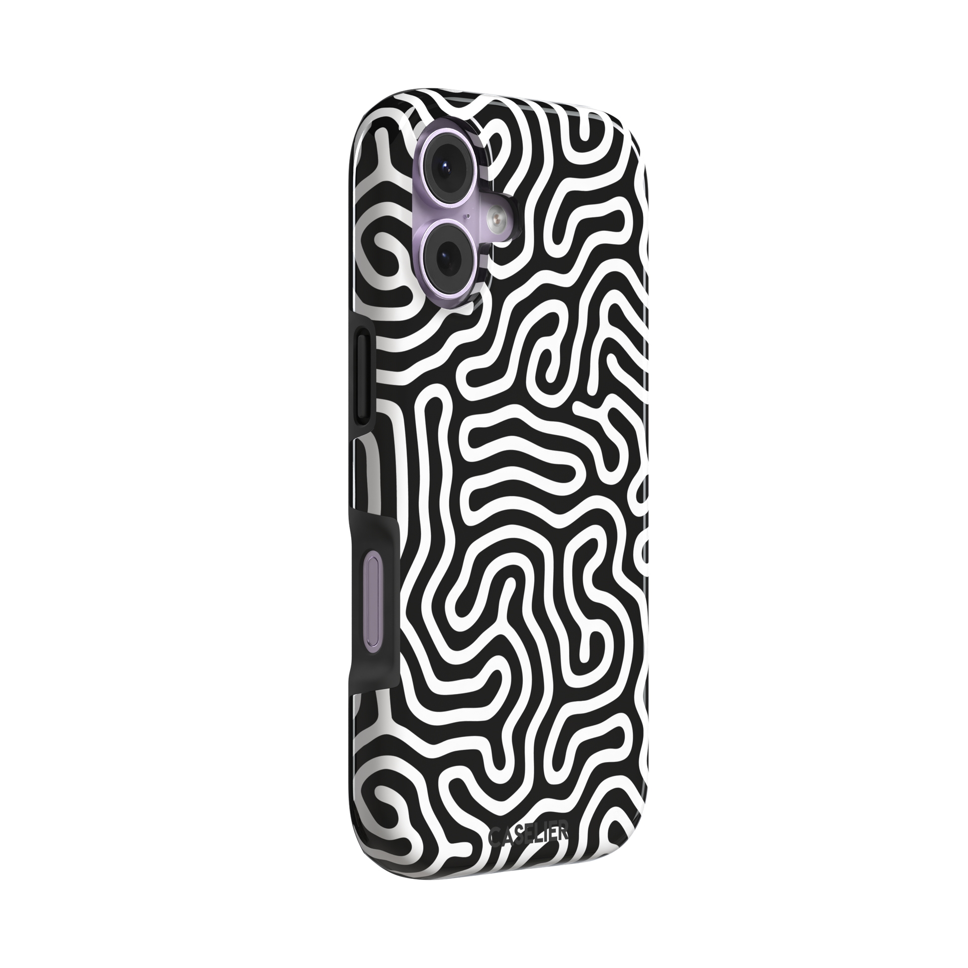 Maze phone case variant in black and white with bold high-contrast curling maze lines across the entire case, phone case by Caselier — tough case, left view