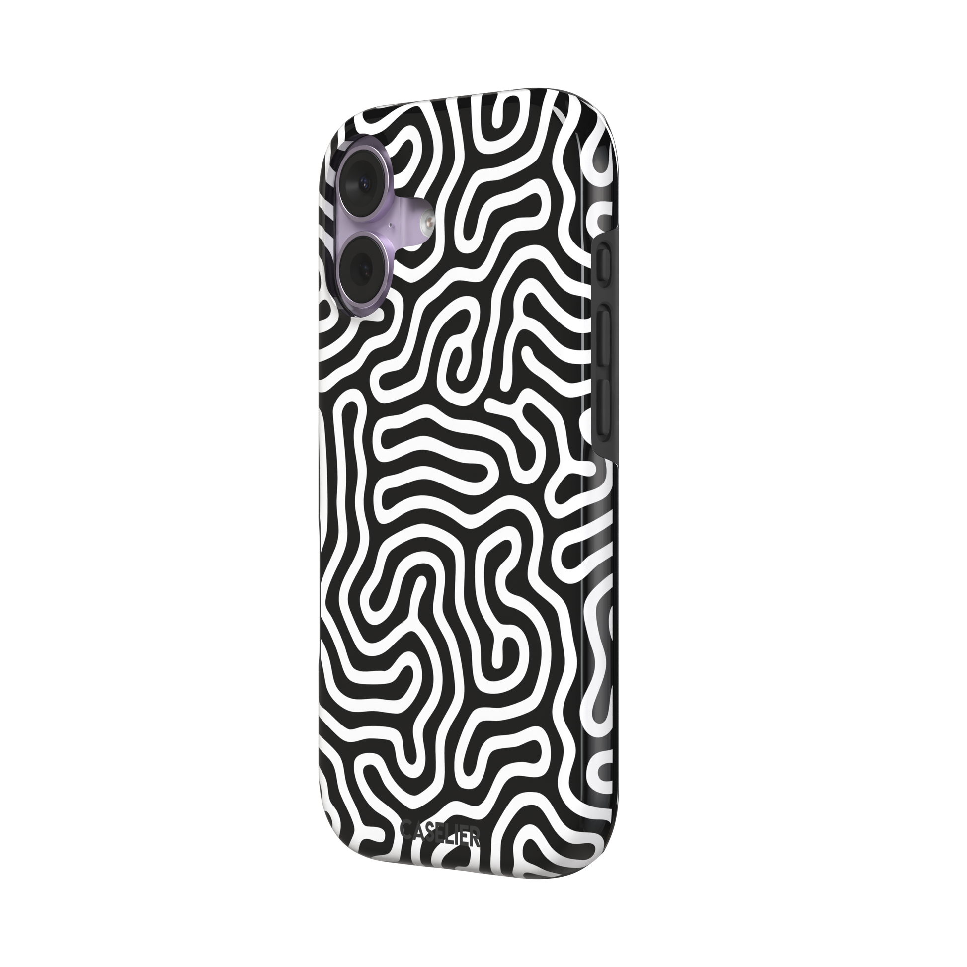 Maze phone case variant in black and white with bold high-contrast curling maze lines across the entire case, phone case by Caselier — tough case, right view