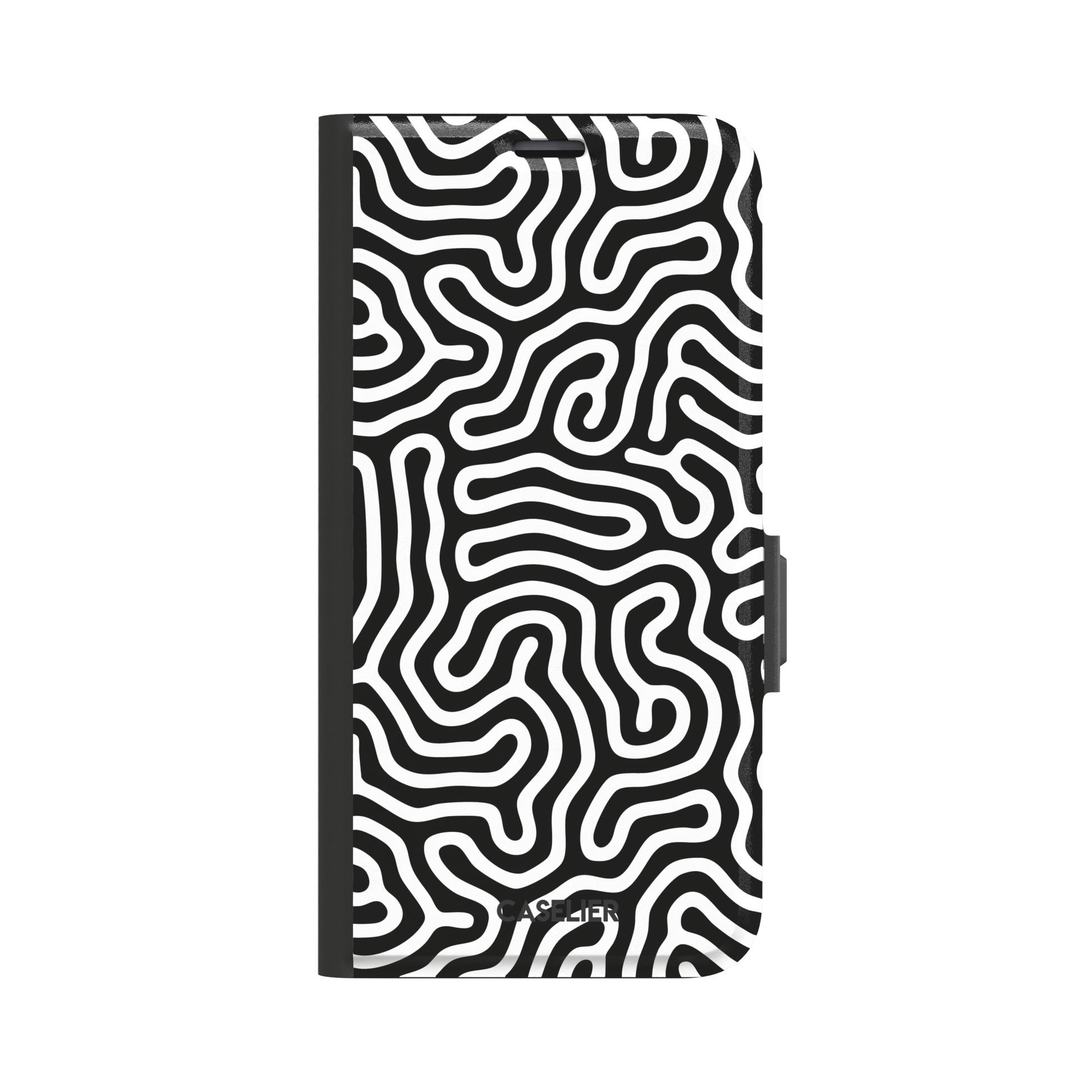 Maze phone case variant in black and white with bold high-contrast curling maze lines across the entire case, phone case by Caselier — wallet case, front view