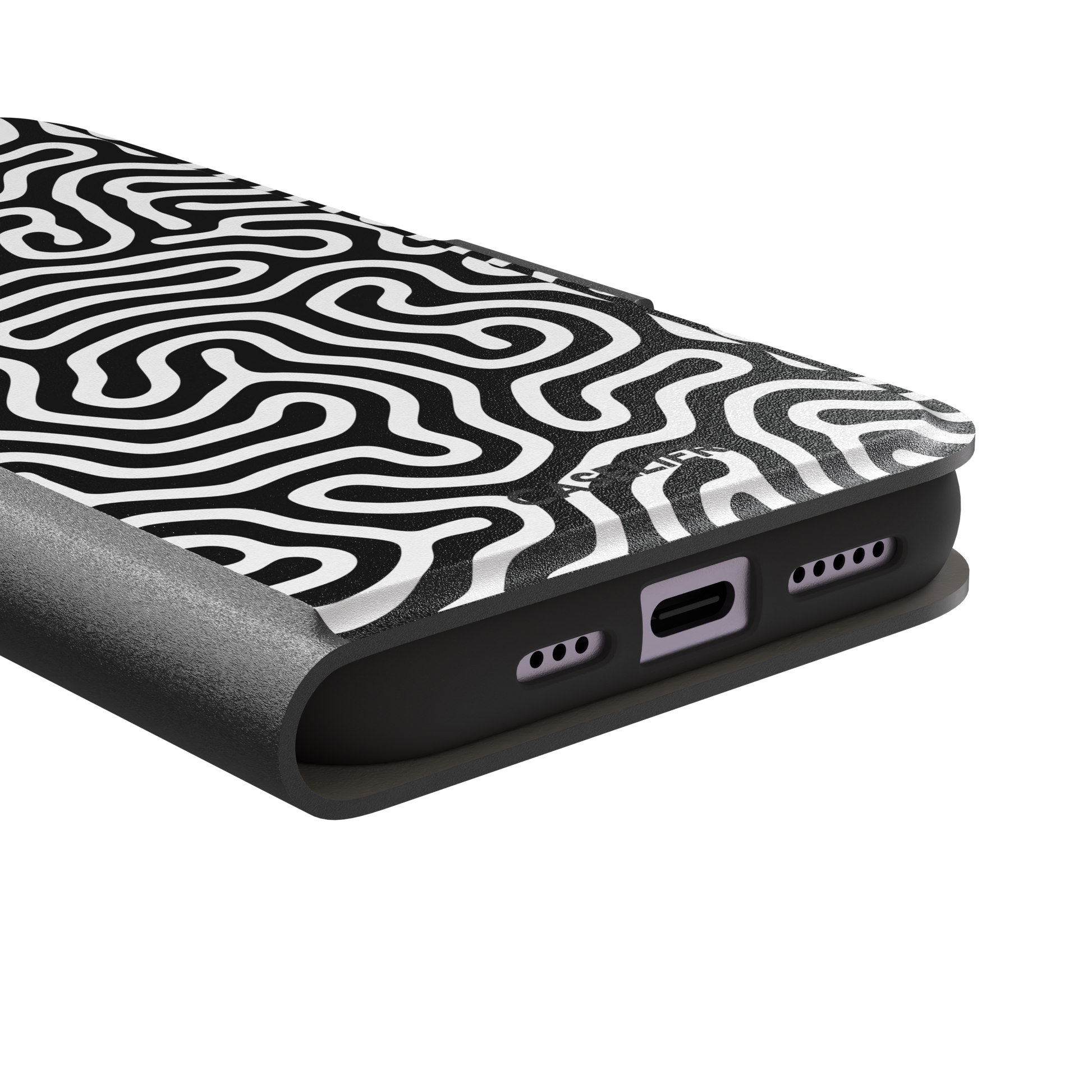 Maze phone case variant in black and white with bold high-contrast curling maze lines across the entire case, phone case by Caselier — wallet case, charging port detail