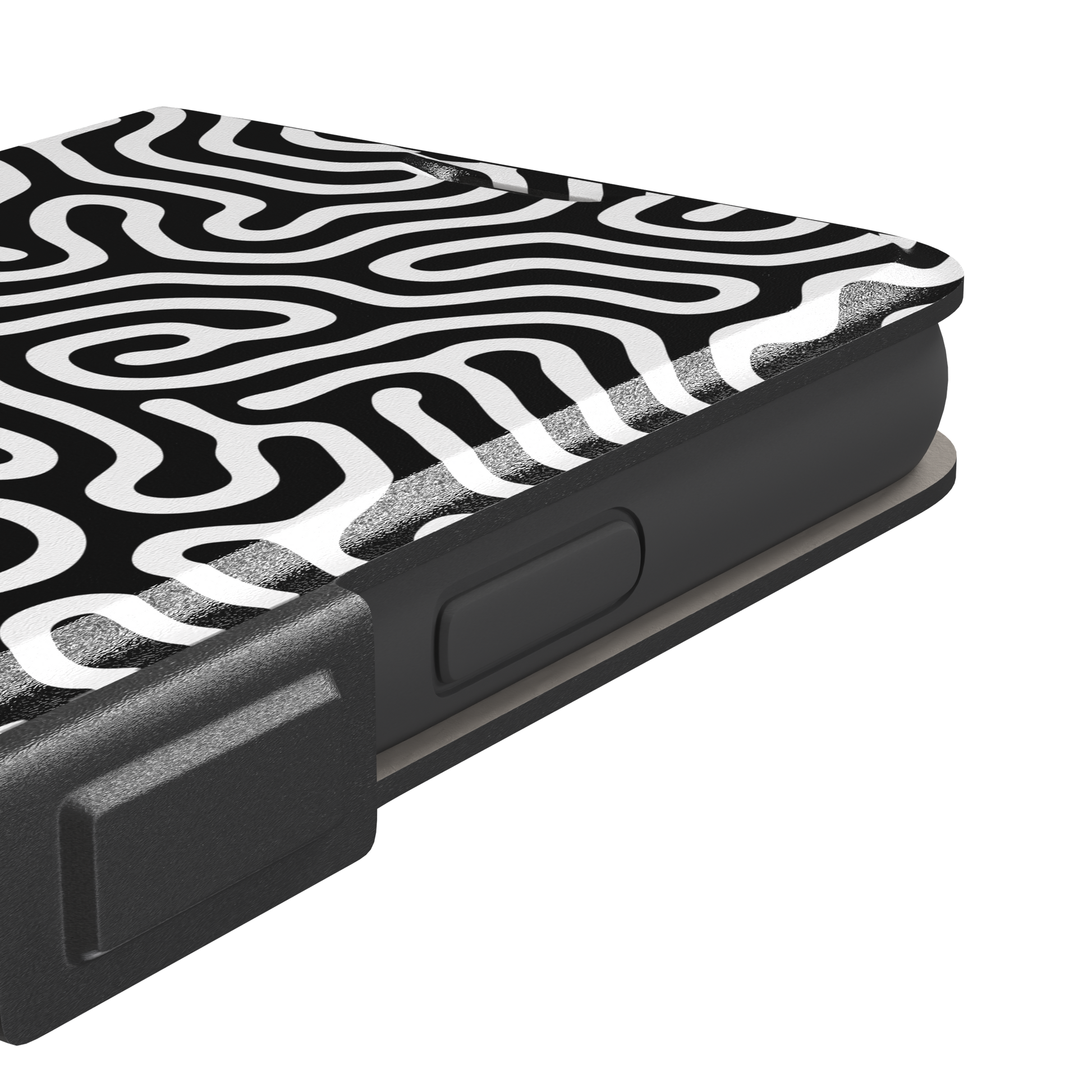 Maze phone case variant in black and white with bold high-contrast curling maze lines across the entire case, phone case by Caselier — wallet case, volume buttons detail