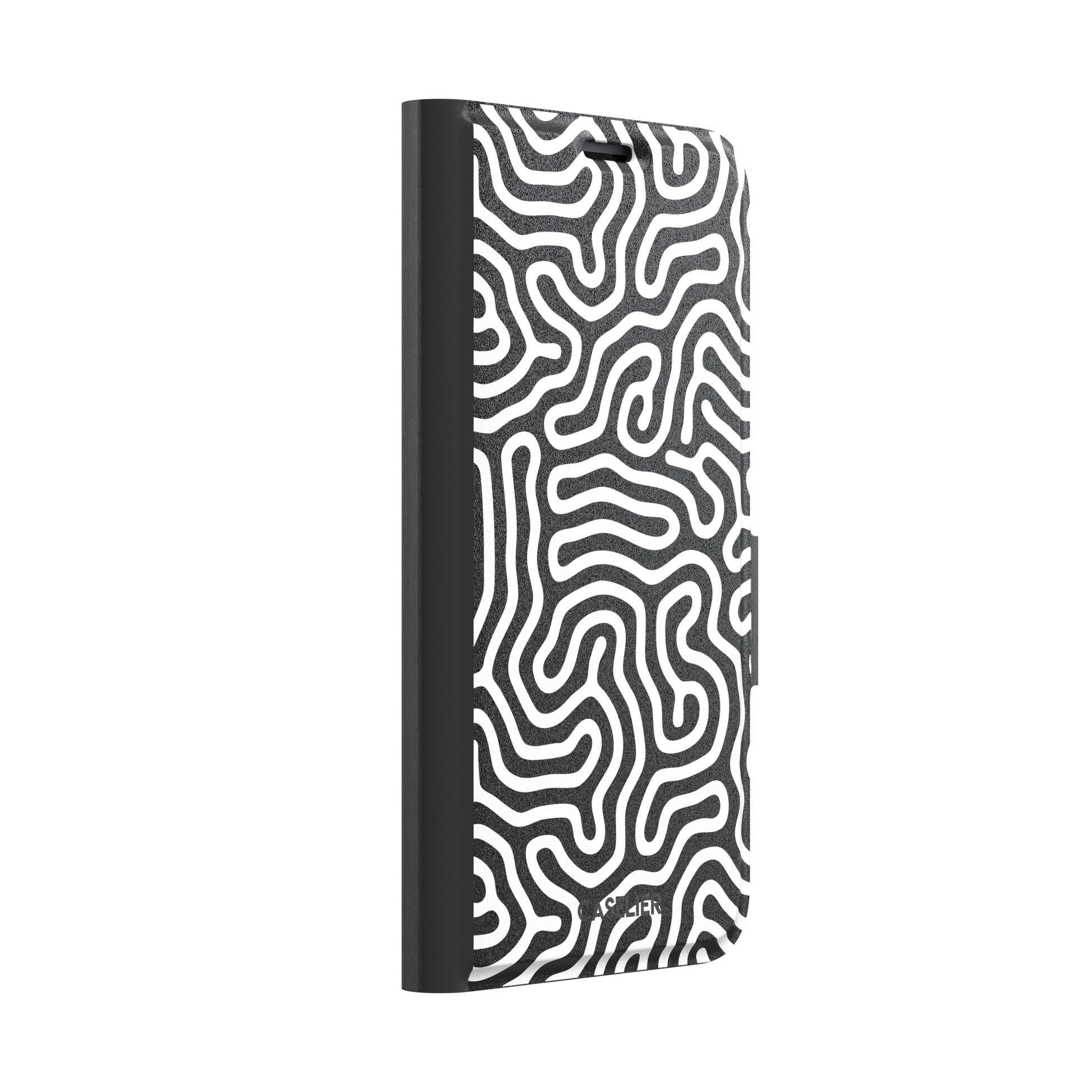 Maze phone case variant in black and white with bold high-contrast curling maze lines across the entire case, phone case by Caselier — wallet case, left view