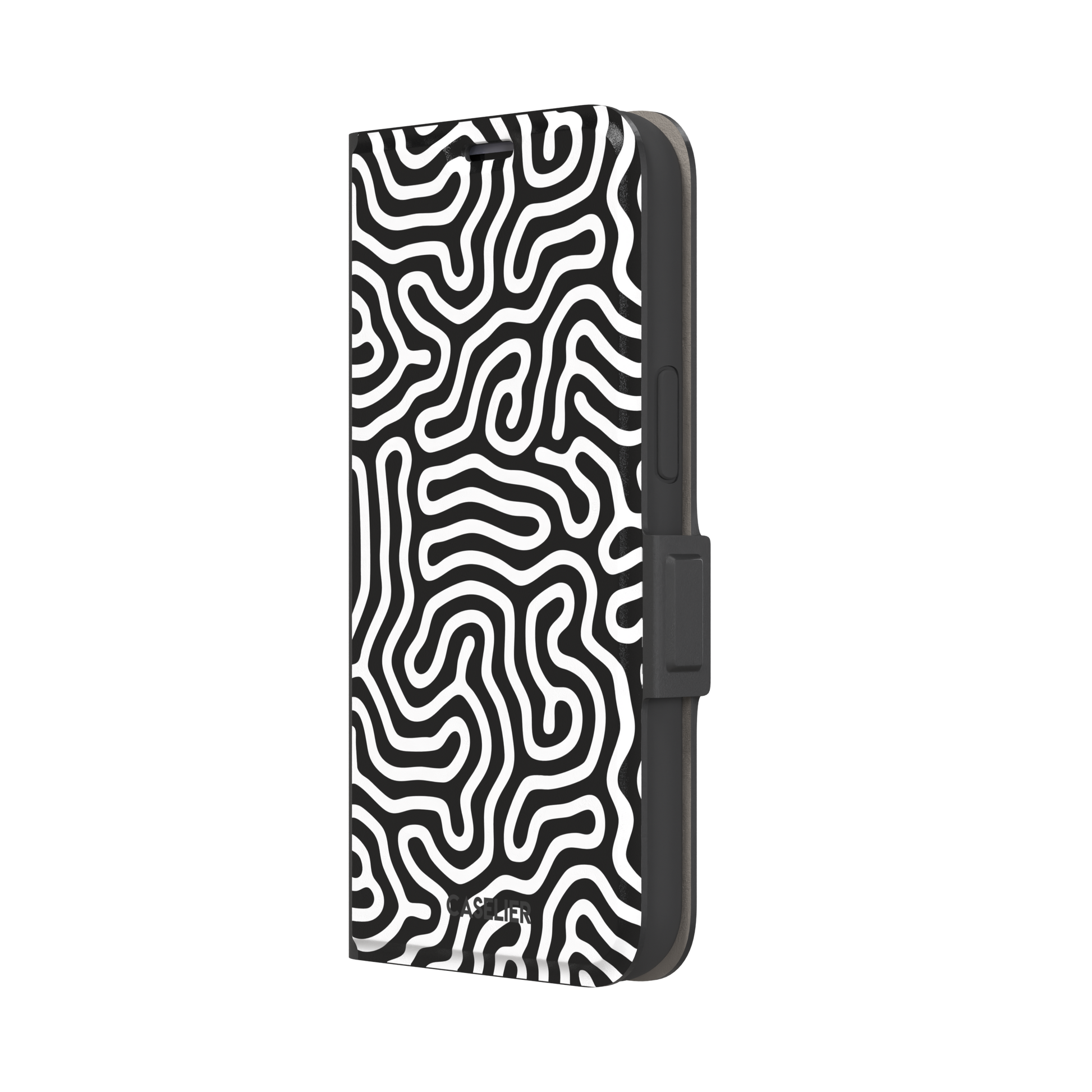 Maze phone case variant in black and white with bold high-contrast curling maze lines across the entire case, phone case by Caselier — wallet case, right view