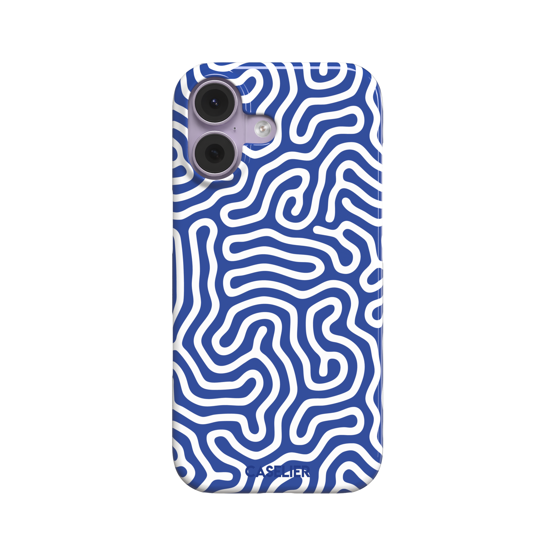 Maze phone case variant in cobalt blue and white with continuous winding line pattern in a bright two-tone finish, phone case by Caselier — snap case, front view