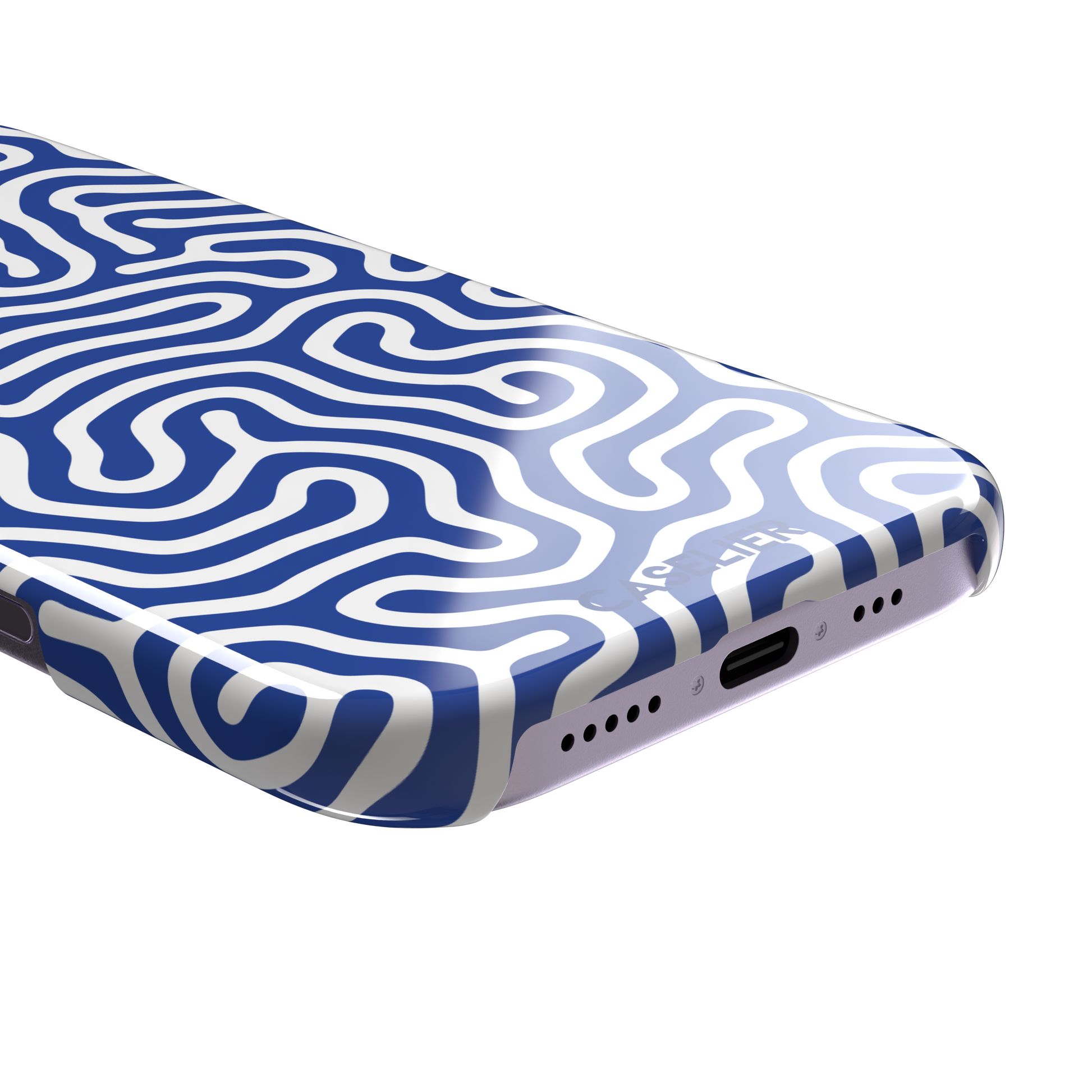 Maze phone case variant in cobalt blue and white with continuous winding line pattern in a bright two-tone finish, phone case by Caselier — snap case, charging port detail