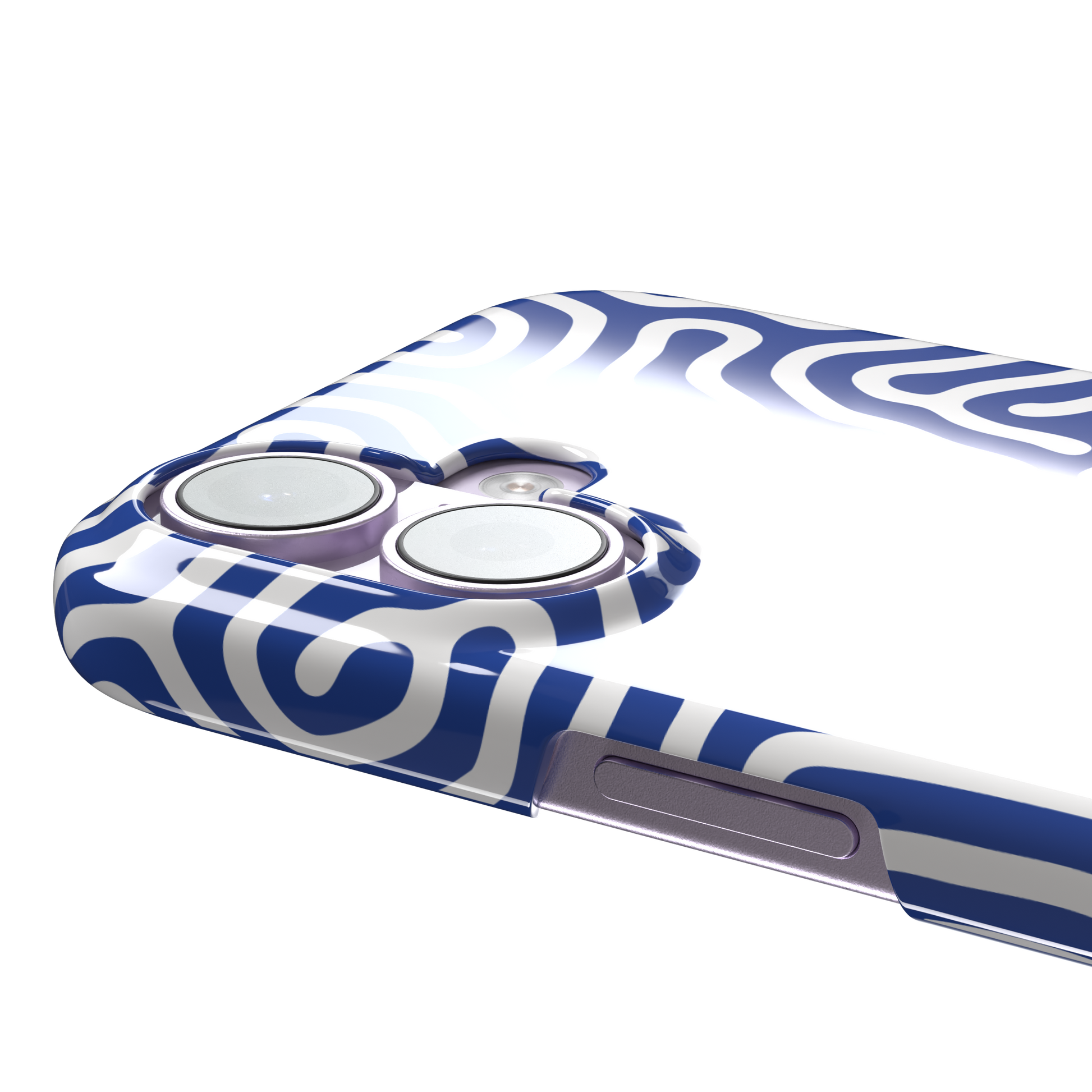 Maze phone case variant in cobalt blue and white with continuous winding line pattern in a bright two-tone finish, phone case by Caselier — snap case, volume buttons detail