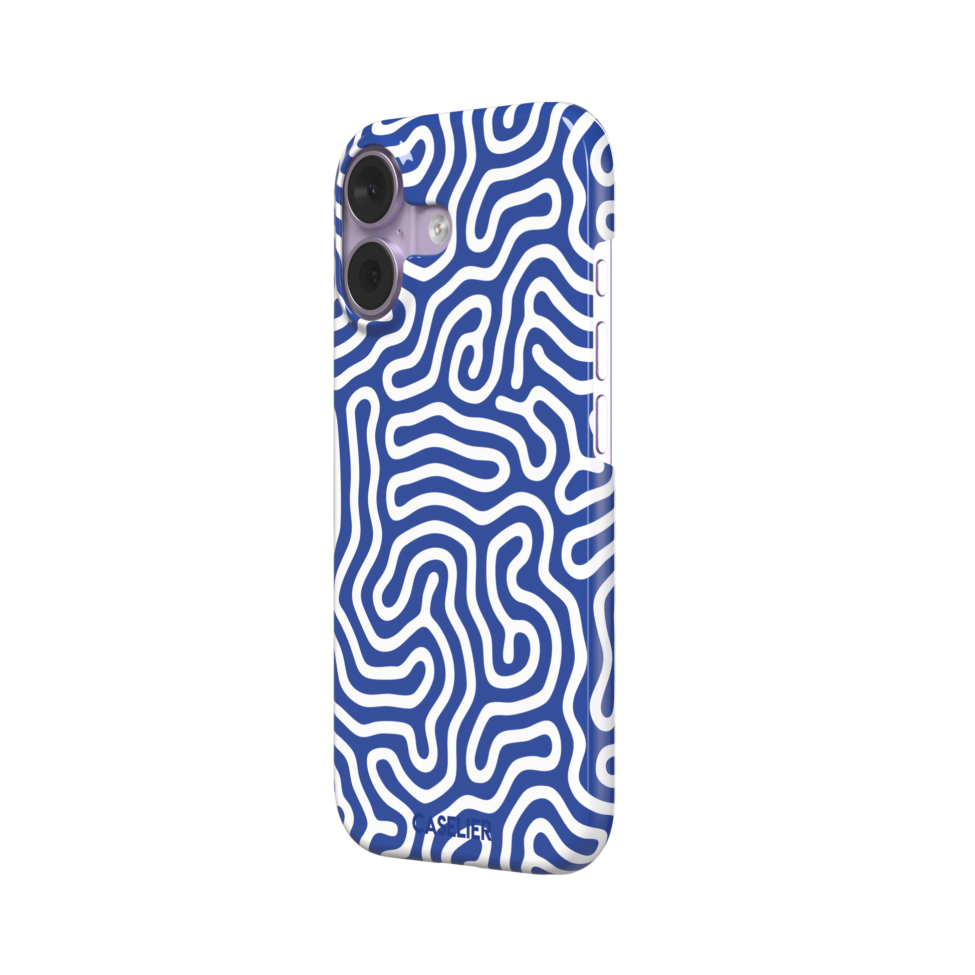Maze phone case variant in cobalt blue and white with continuous winding line pattern in a bright two-tone finish, phone case by Caselier — snap case, right view