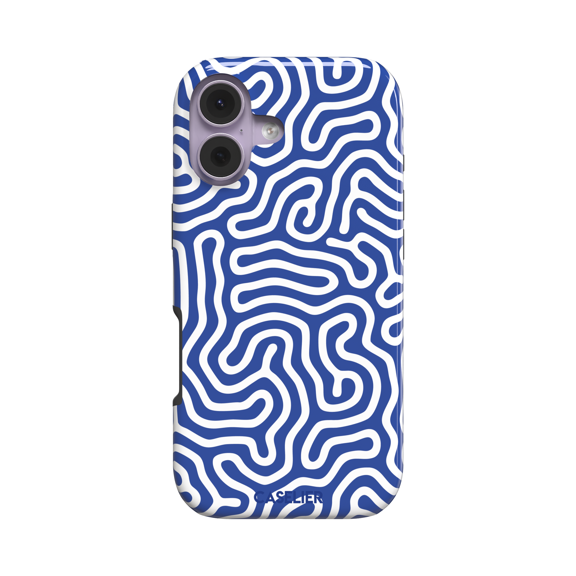 Maze phone case variant in cobalt blue and white with continuous winding line pattern in a bright two-tone finish, phone case by Caselier — tough case, front view