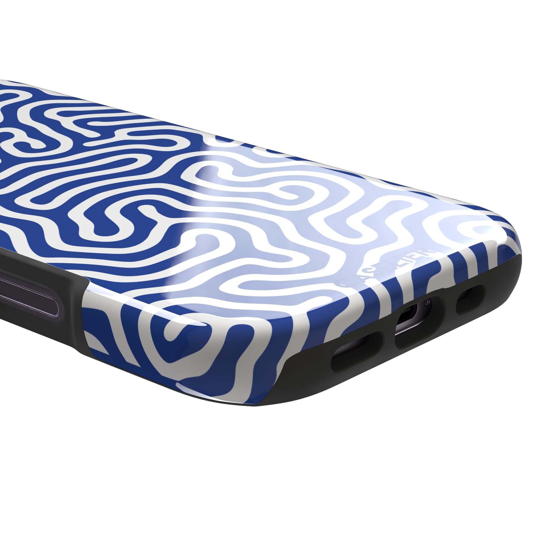 Maze phone case variant in cobalt blue and white with continuous winding line pattern in a bright two-tone finish, phone case by Caselier — tough case, charging port detail