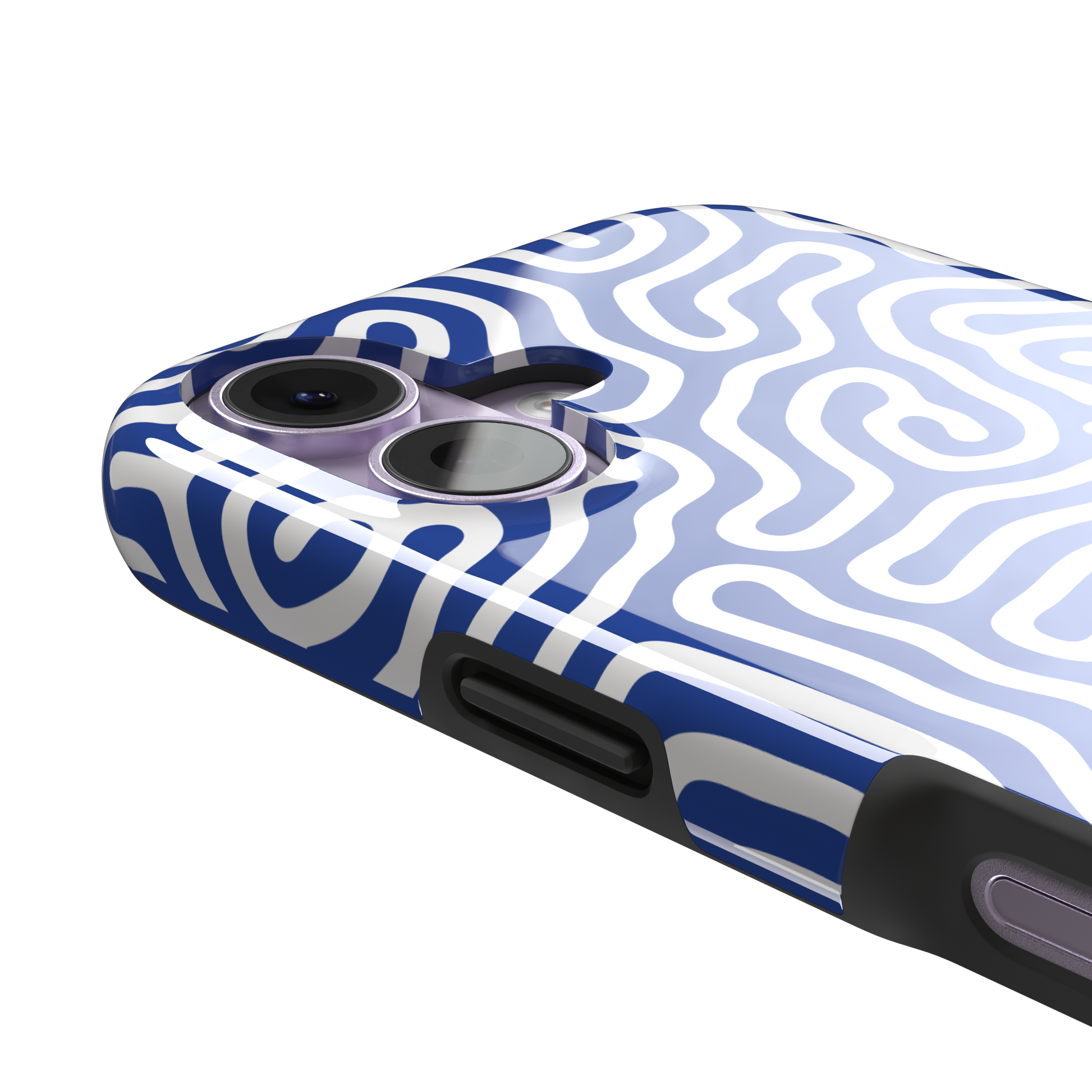 Maze phone case variant in cobalt blue and white with continuous winding line pattern in a bright two-tone finish, phone case by Caselier — tough case, volume buttons detail