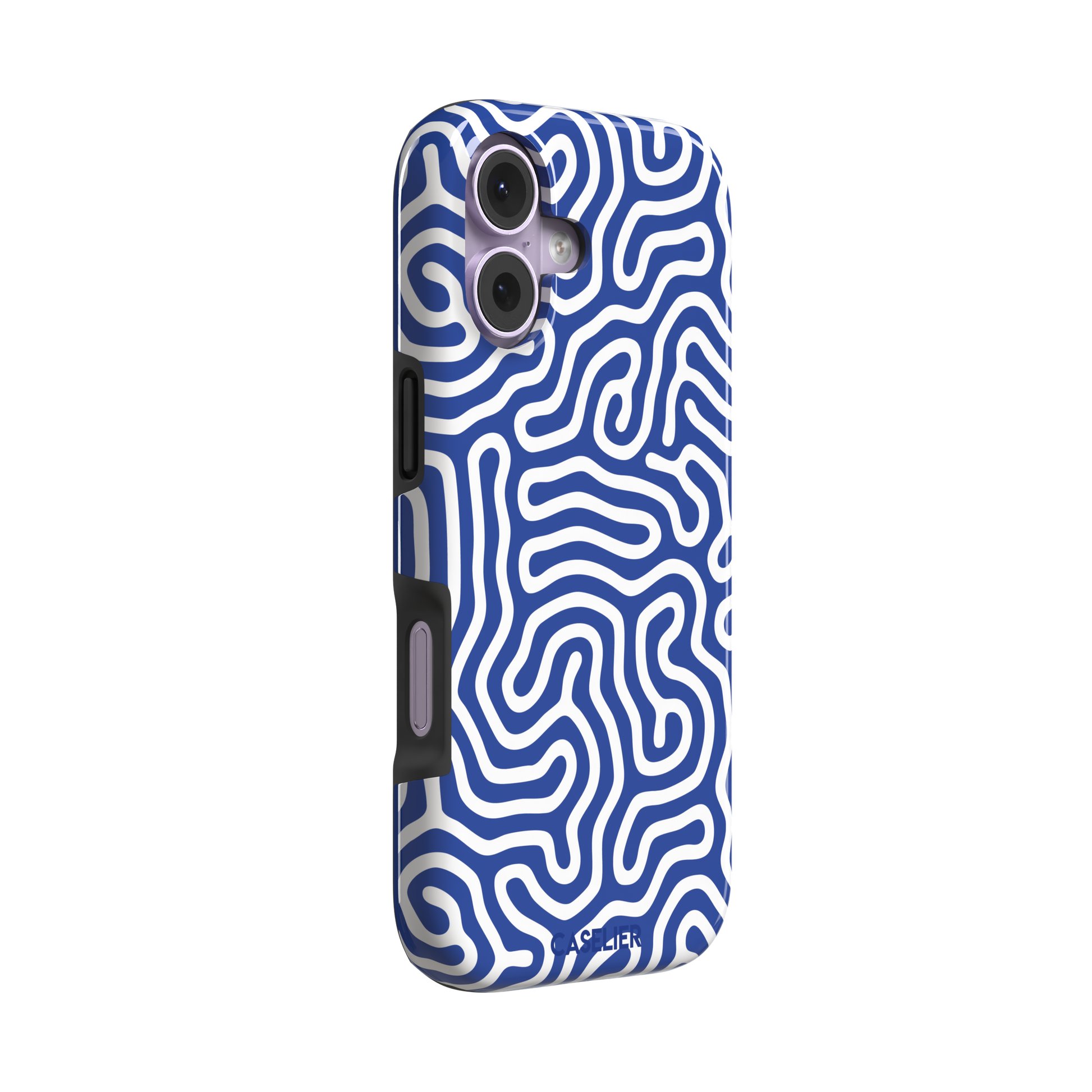 Maze phone case variant in cobalt blue and white with continuous winding line pattern in a bright two-tone finish, phone case by Caselier — tough case, left view