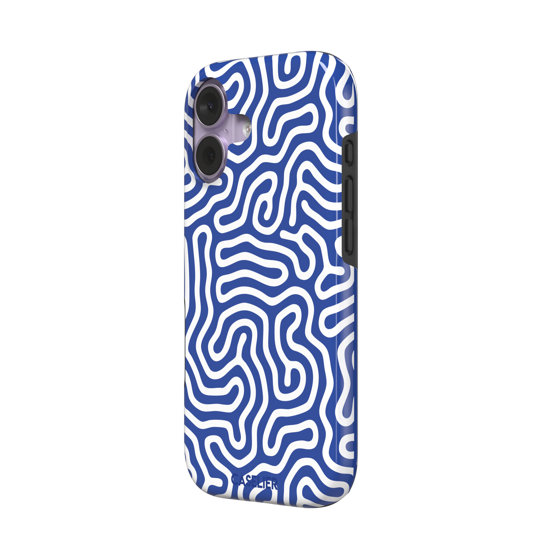 Maze phone case variant in cobalt blue and white with continuous winding line pattern in a bright two-tone finish, phone case by Caselier — tough case, right view