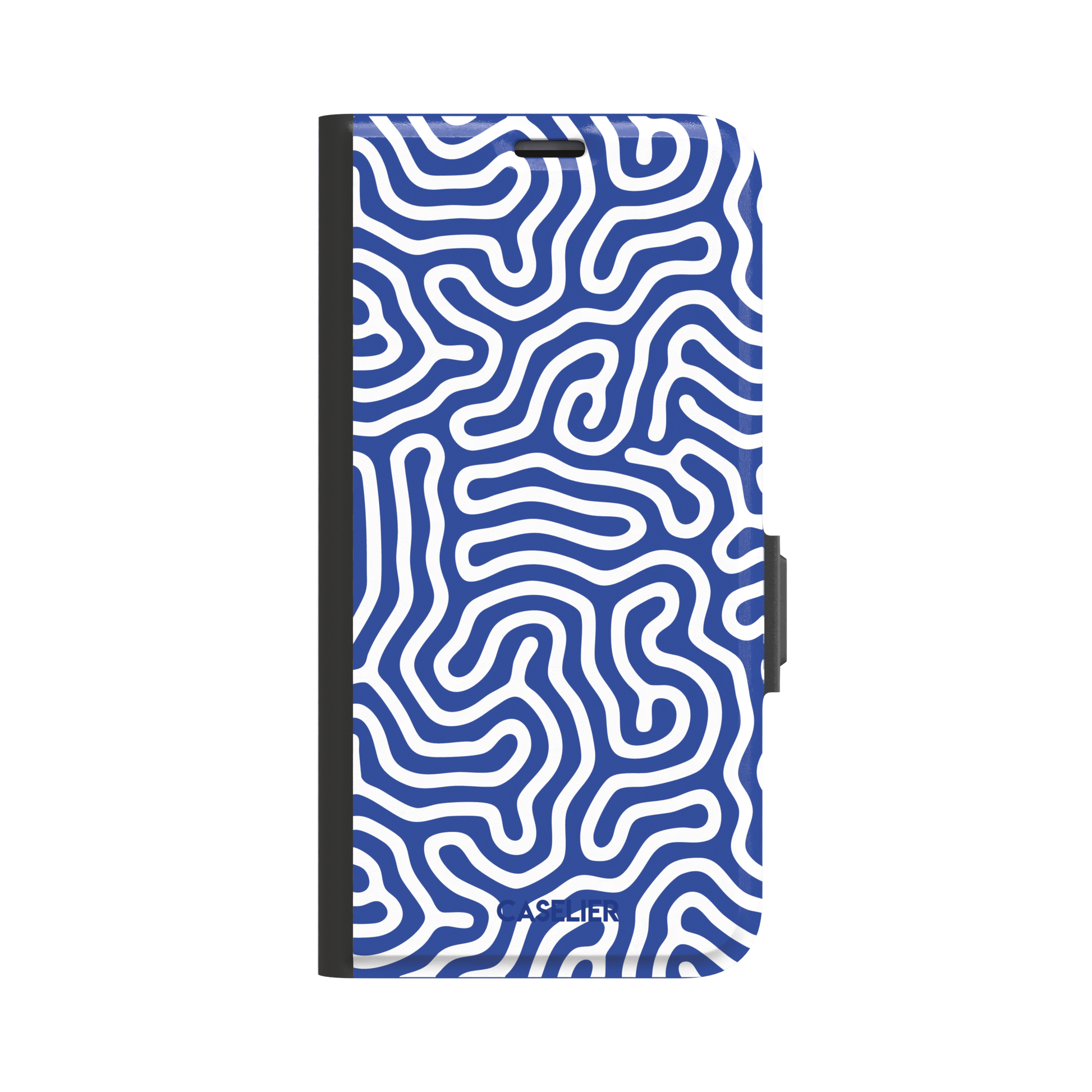 Maze phone case variant in cobalt blue and white with continuous winding line pattern in a bright two-tone finish, phone case by Caselier — wallet case, front view