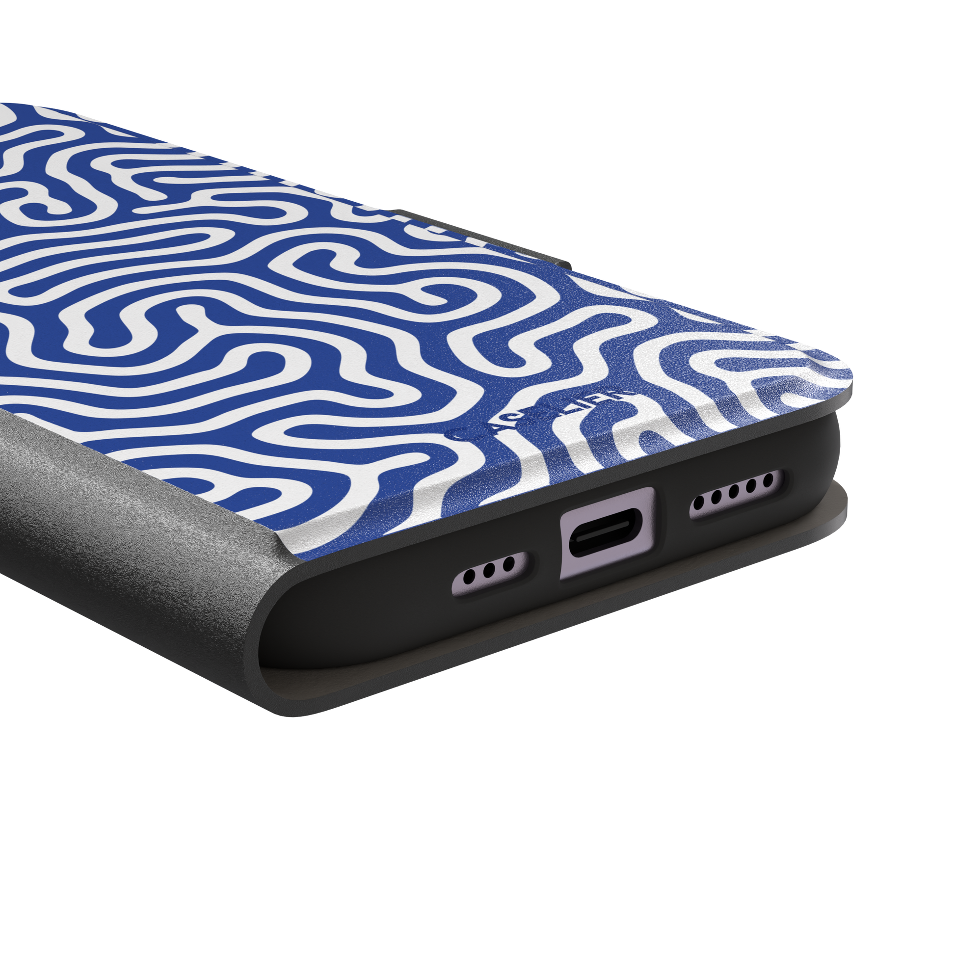 Maze phone case variant in cobalt blue and white with continuous winding line pattern in a bright two-tone finish, phone case by Caselier — wallet case, charging port detail